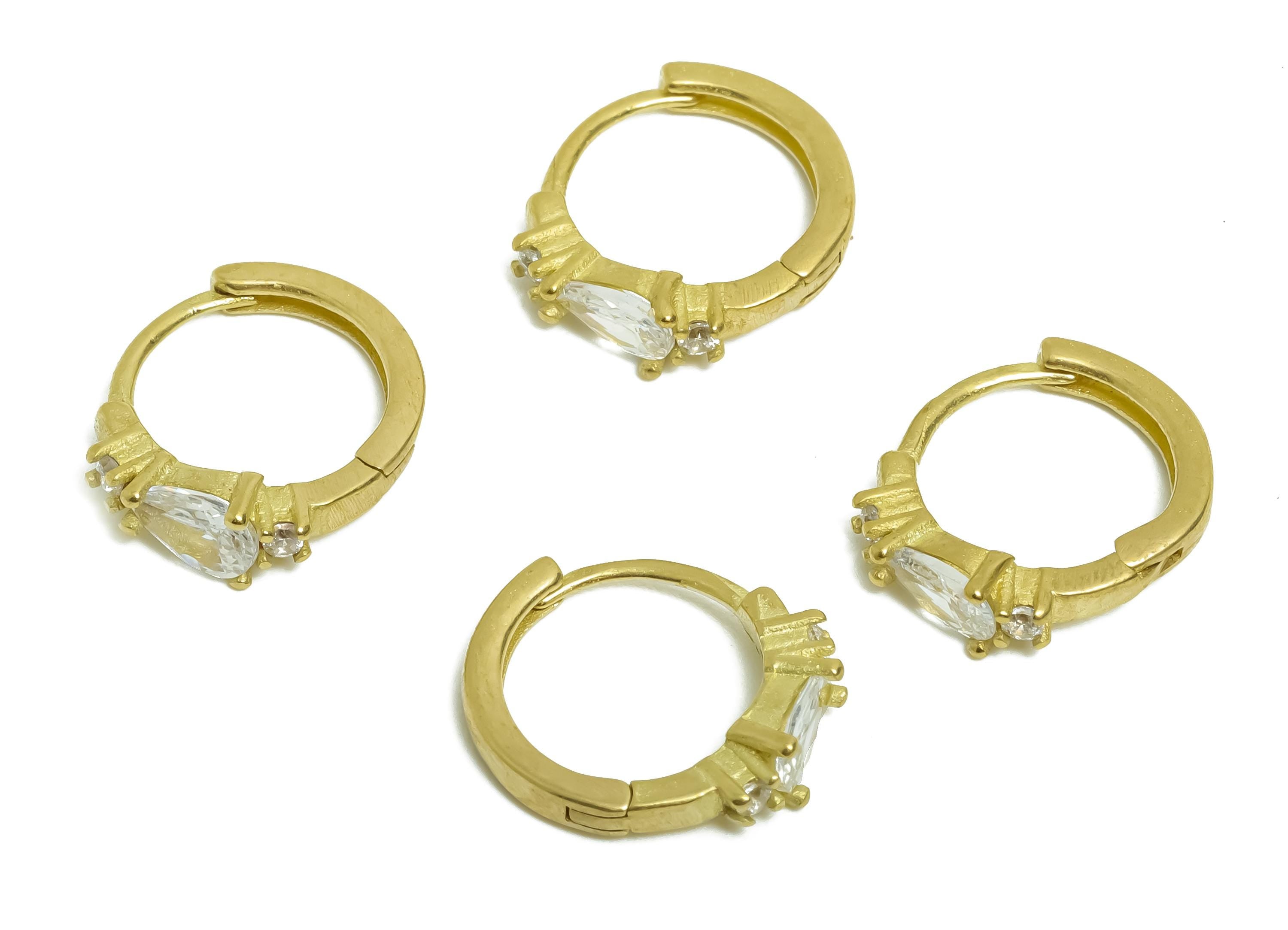 Brass CZ Huggie Hoop Earring - Raw Brass Teardrop Zircon Earring - Refined Huggie Hoop Clasp - Jewelry Finding - 12.8x12.3x3.53mm - PP11352 - DOMEDBAZAAR