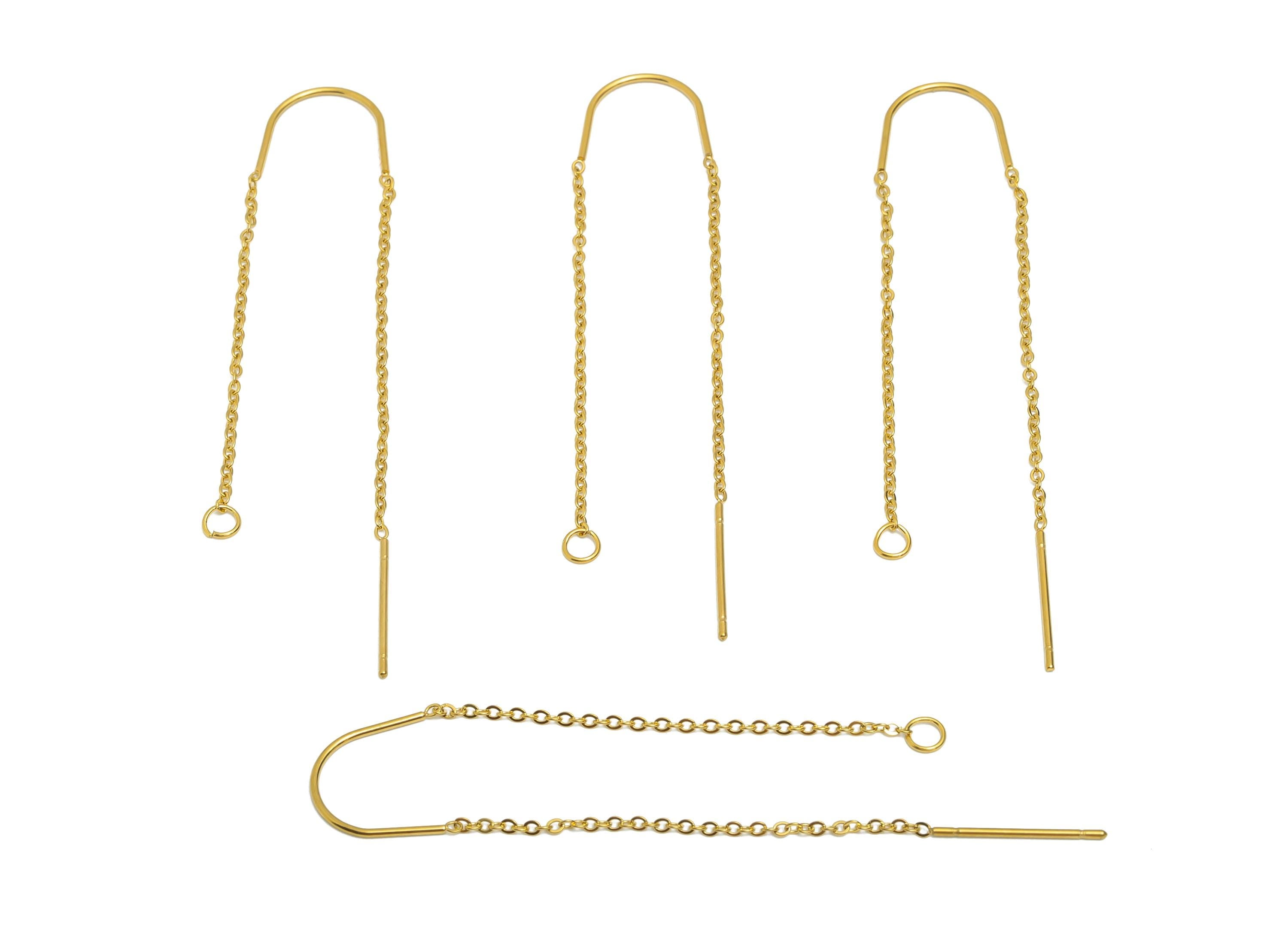 4cm Steel Dangle Chain Earring Post - Flat Cable Chain Earring Stud - Threader Earrings With Loop - 18k Real Vacuum Plating - SS2135G - DOMEDBAZAAR
