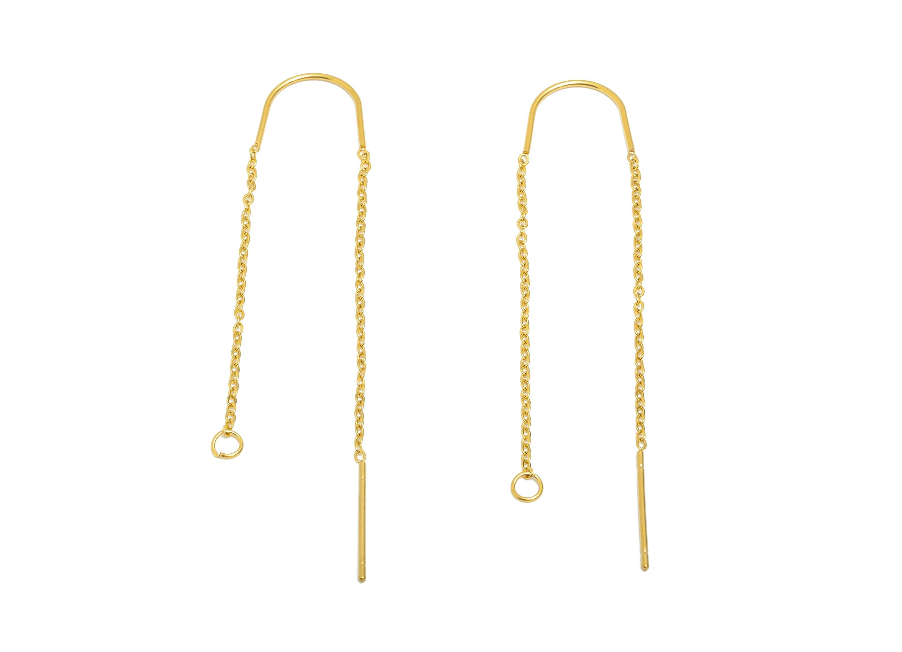4cm Steel Dangle Chain Earring Post - Flat Cable Chain Earring Stud - Threader Earrings With Loop - 18k Real Vacuum Plating - SS2135G - DOMEDBAZAAR