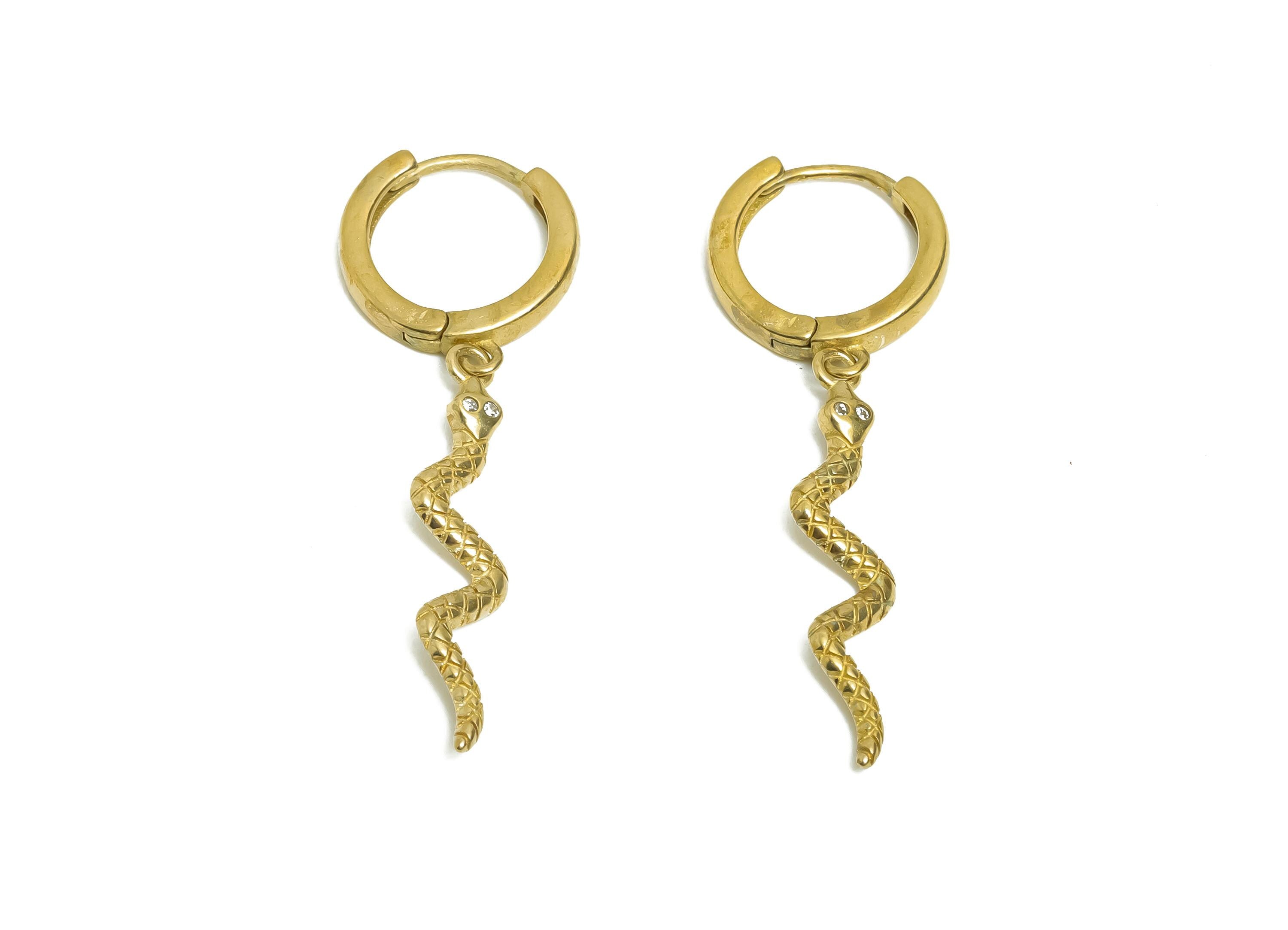 Brass Dangle Snake Huggie Hoop Earring - Raw Brass CZ Snake Earring - Chic Huggie Hoop Clasp - Jewelry Finding - 38.97x13.5x2.36mm - PP11240 - DOMEDBAZAAR