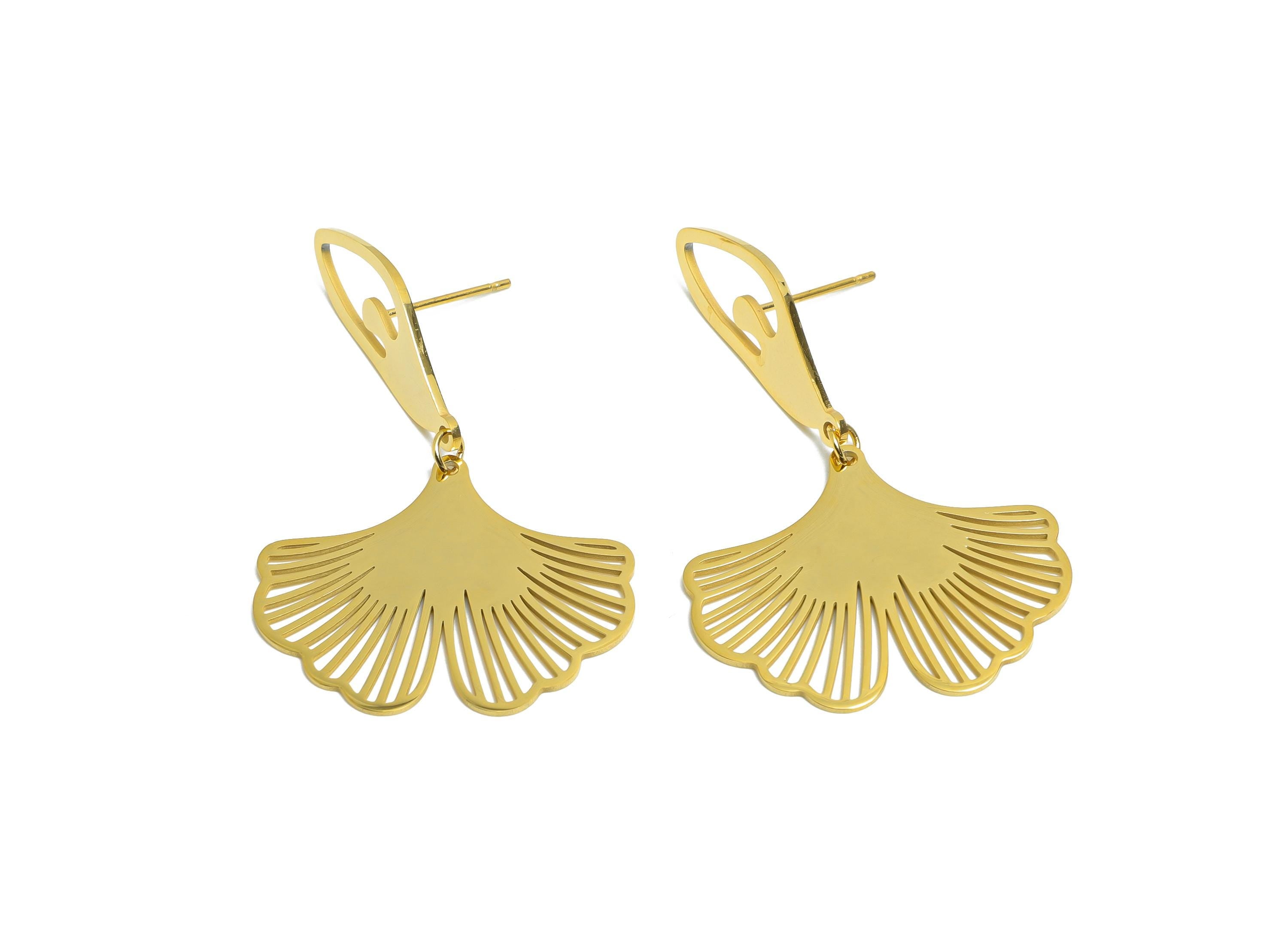 Steel Ginkgo Leaf Earring Stud - Fan Leaf Dangle Earring Post -  Laser Cut Ginkgo Biloba Jewelry - Vacuum Gold Plating - 63x7x5.3mm - SS2240 - DOMEDBAZAAR