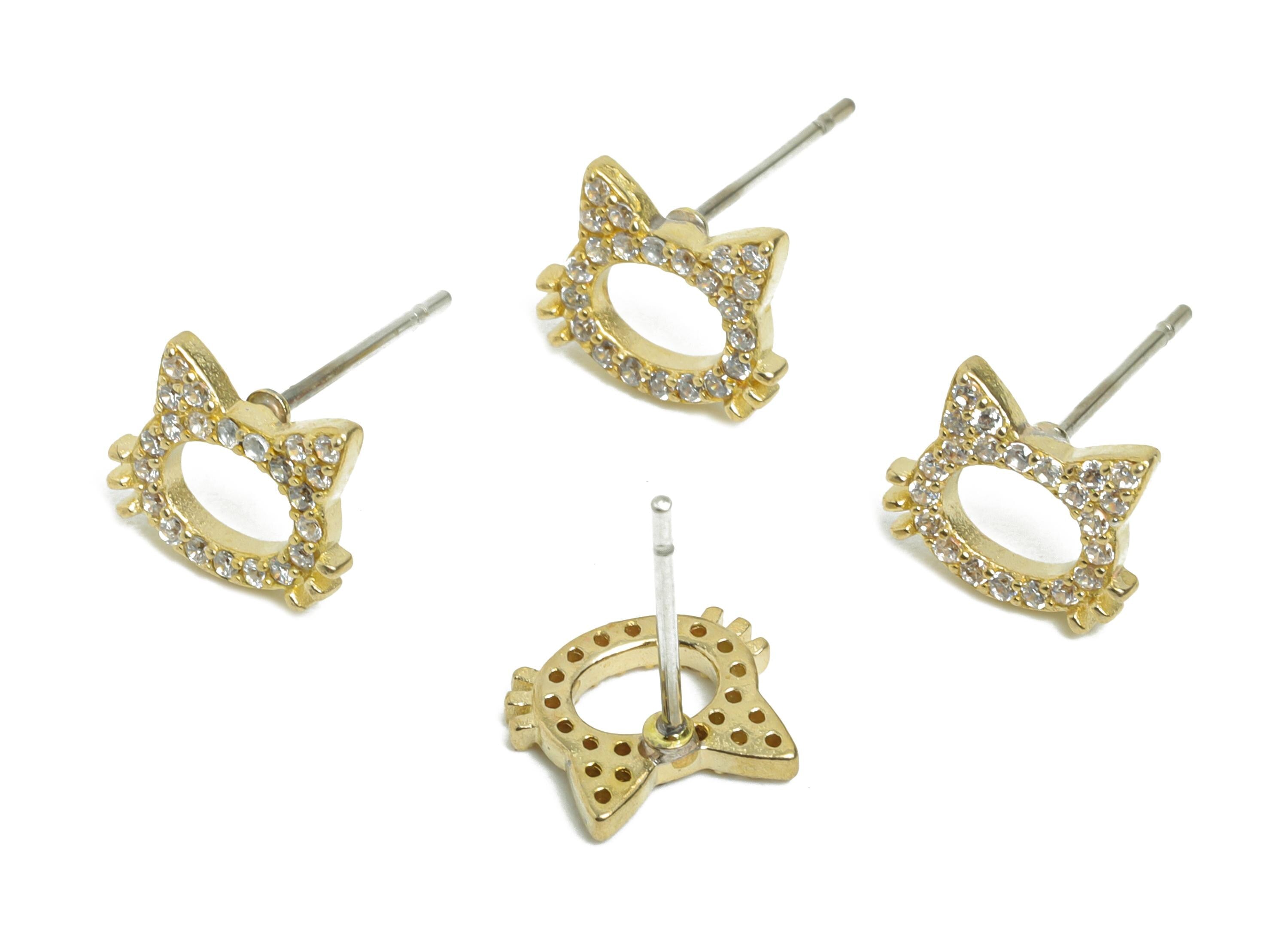 Brass Cat Earring Stud - Cubic Zircon Cat Head Earring Post - Hello Kitty Earring Post - Cute Cat Gift for Her - 9.35x7.17x 1.52mm - PP11380 - DOMEDBAZAAR