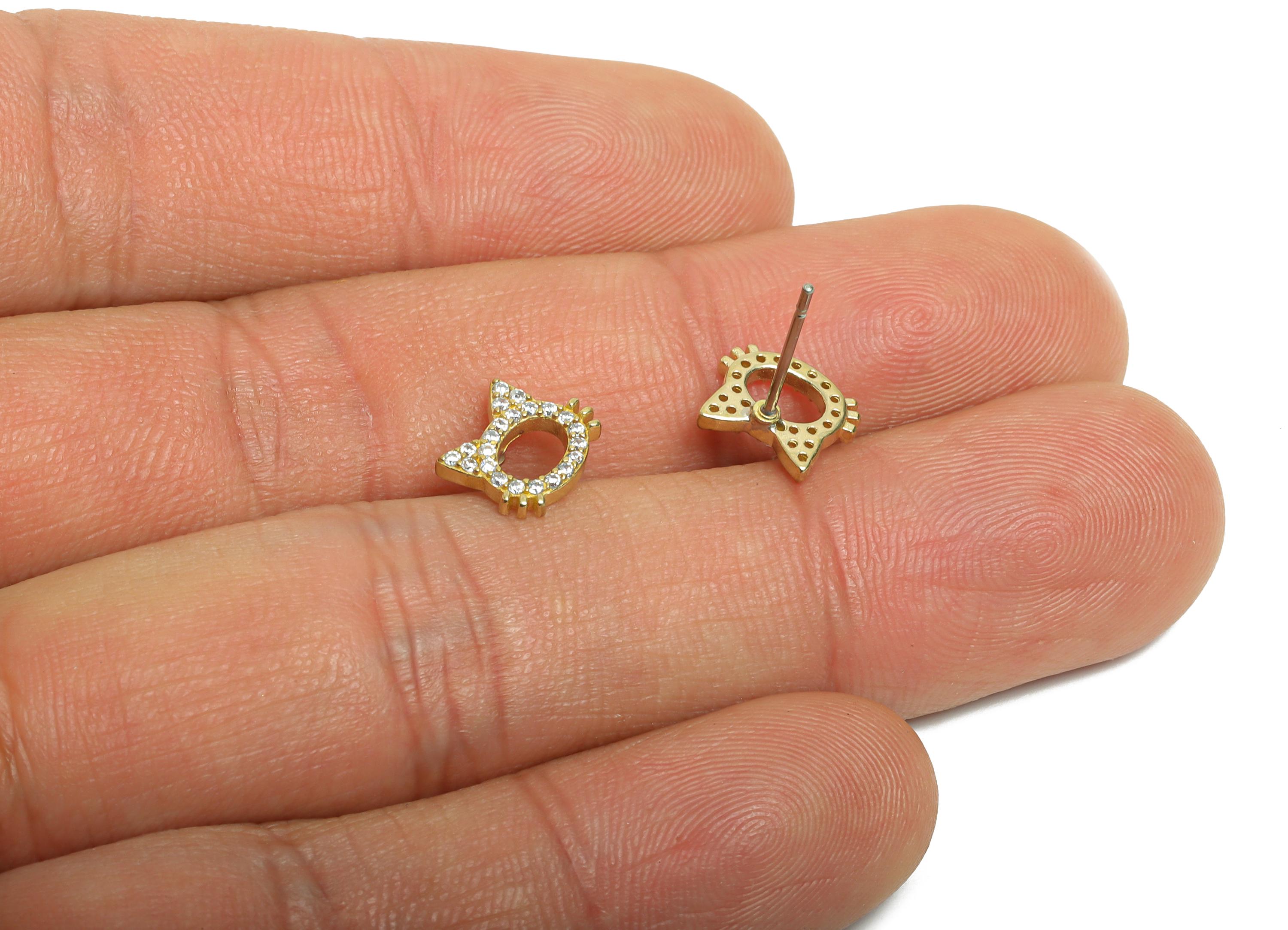 Brass Cat Earring Stud - Cubic Zircon Cat Head Earring Post - Hello Kitty Earring Post - Cute Cat Gift for Her - 9.35x7.17x 1.52mm - PP11380 - DOMEDBAZAAR