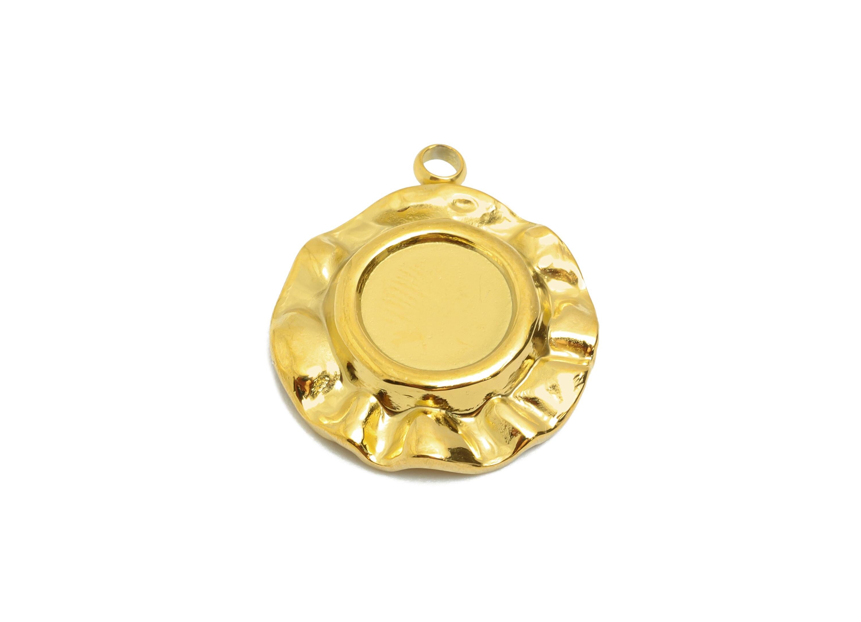 Steel Floral Pendant - Round Ruffled Pendant for Necklace - Antique Celestial Charm - 18K Real Vacuum Plated - 19.97x17.14x3.39mm - SS2206G - DOMEDBAZAAR