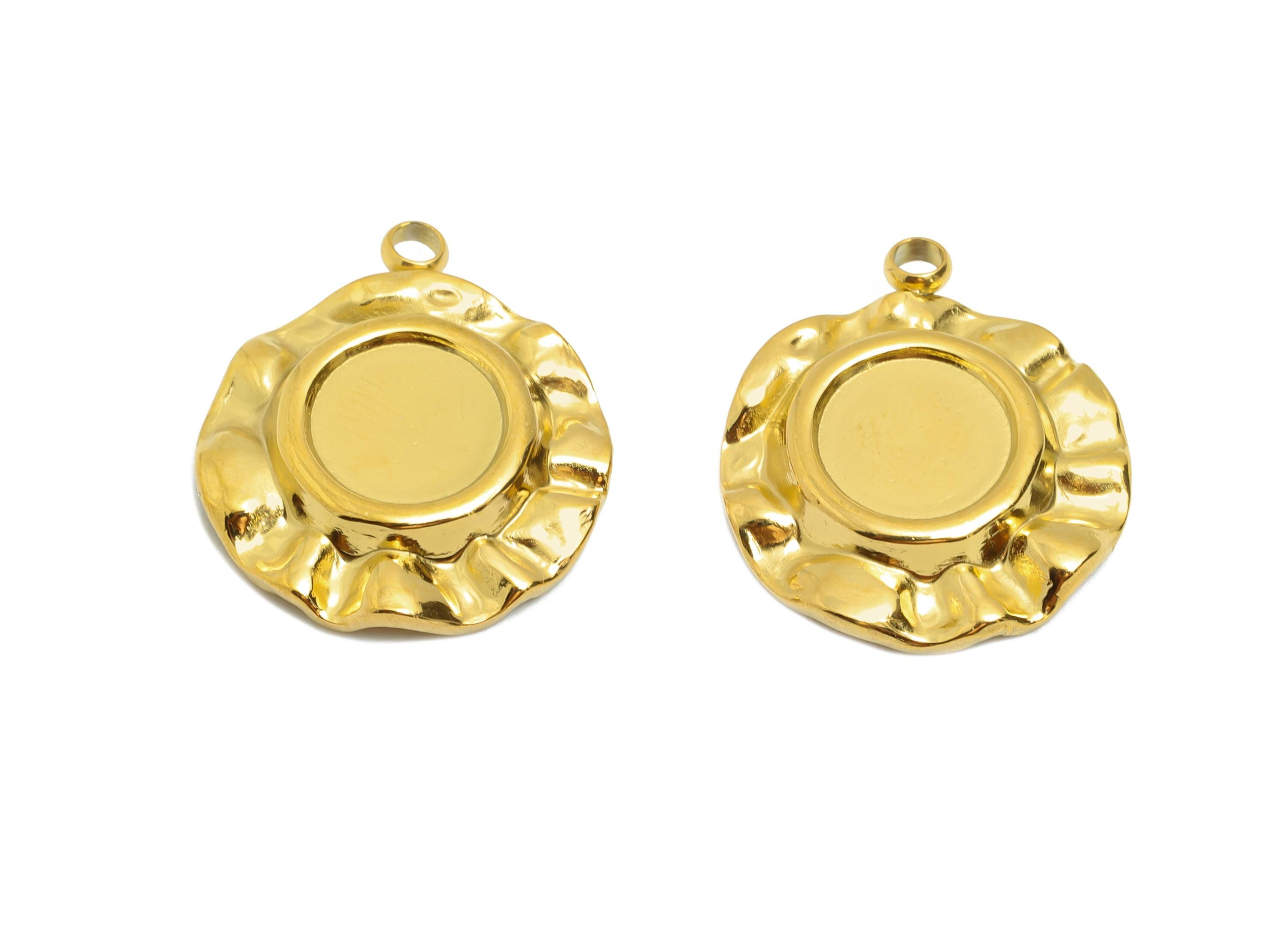 Steel Floral Pendant - Round Ruffled Pendant for Necklace - Antique Celestial Charm - 18K Real Vacuum Plated - 19.97x17.14x3.39mm - SS2206G - DOMEDBAZAAR