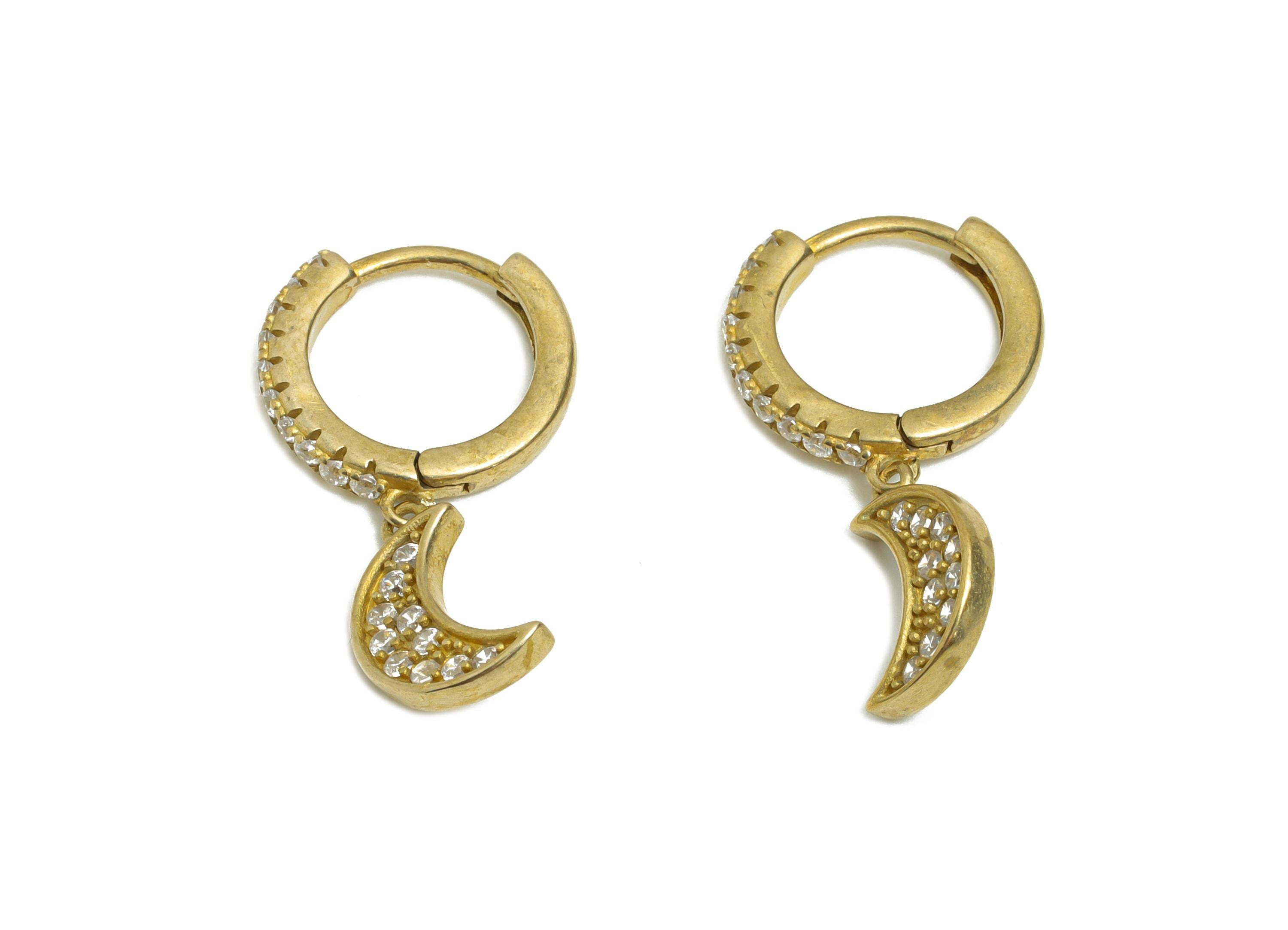 Brass Dangle Crescent Huggie Hoop Earring - Raw Brass CZ Moon Earring - Celestial Huggie Hoop Clasp - Jewelry Finding - 22x12x1.8mm -PP11228 - DOMEDBAZAAR