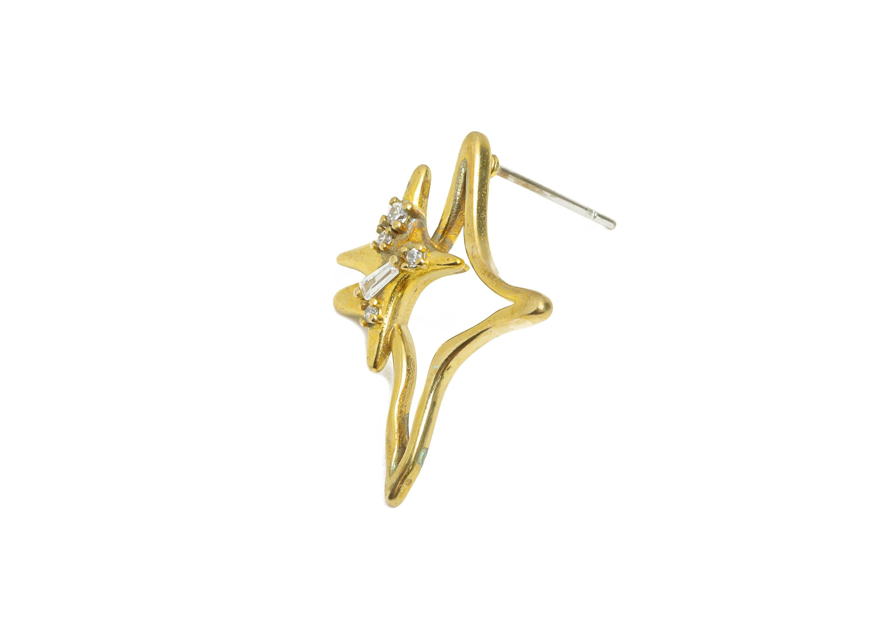 Brass Star CZ Stud Earring - Raw Brass Dainty Double Star Cubic Zirconia Stud - Minimalist Earring -  Sparkle Stud - 7x7x2.5mm - PP11383 - DOMEDBAZAAR