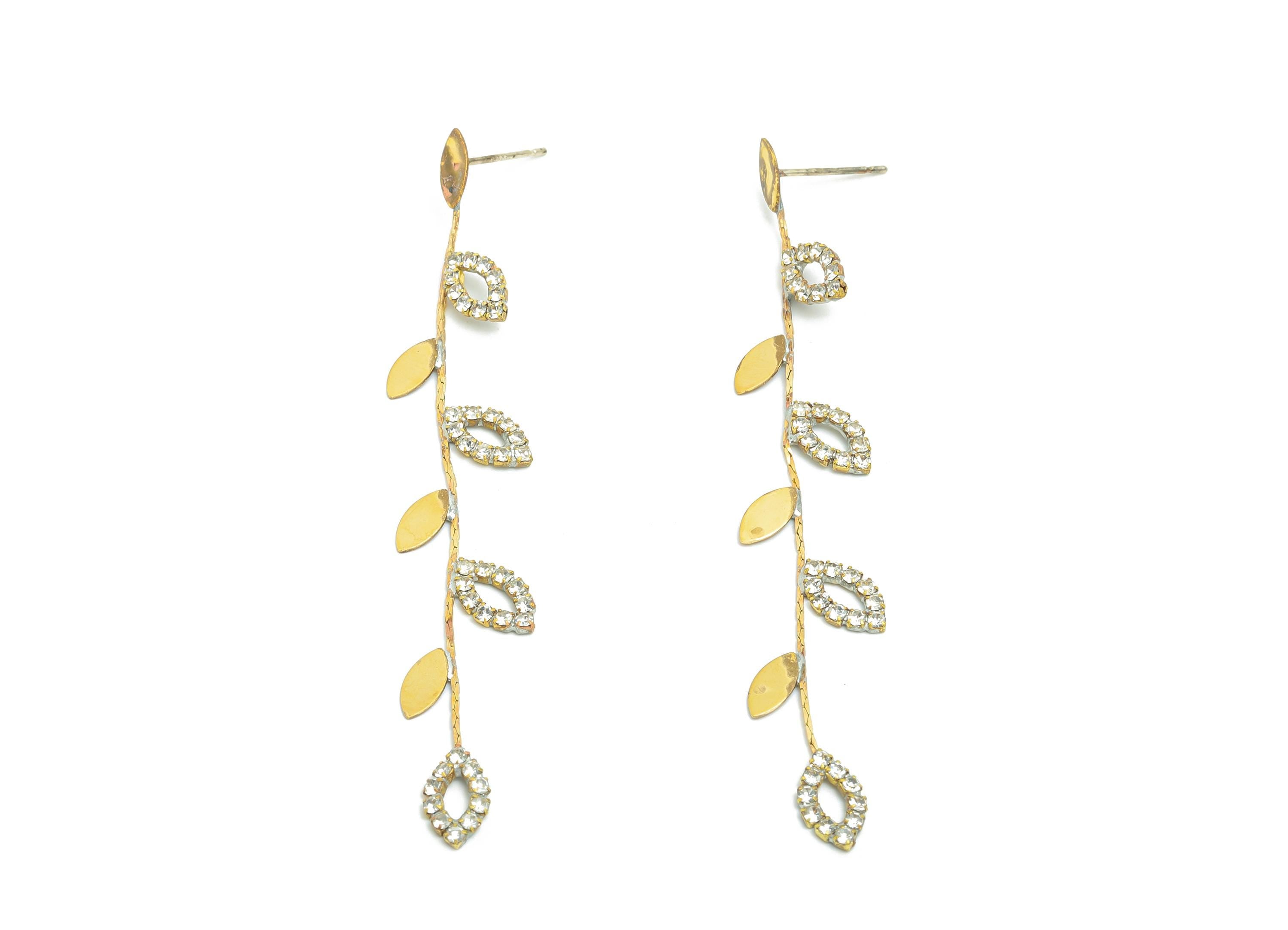 Brass Dangle CZ Leaf Earring Stud - Raw Brass Dangle Zircon Leaf Earring Post - Brass Classic Zircon Branch Earring Stud - 7x5x1mm - PP11370 - DOMEDBAZAAR