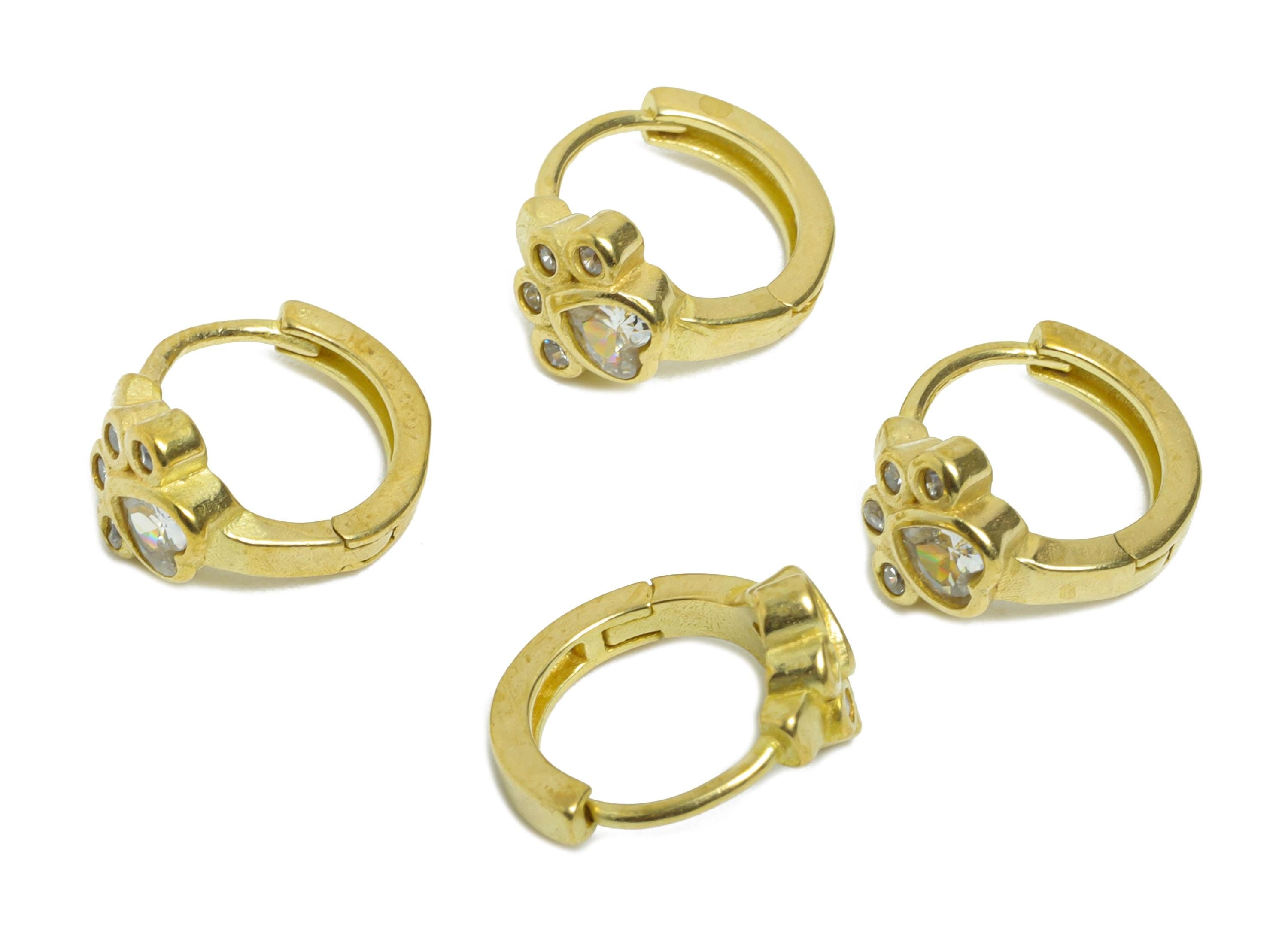 Brass CZ Huggie Hoop Earring - Raw Brass Paw Zircon Earring - Cute Animal Paw Huggie Hoop Clasp - Earring Finding - 11.67x10x6.6mm - PP11321 - DOMEDBAZAAR
