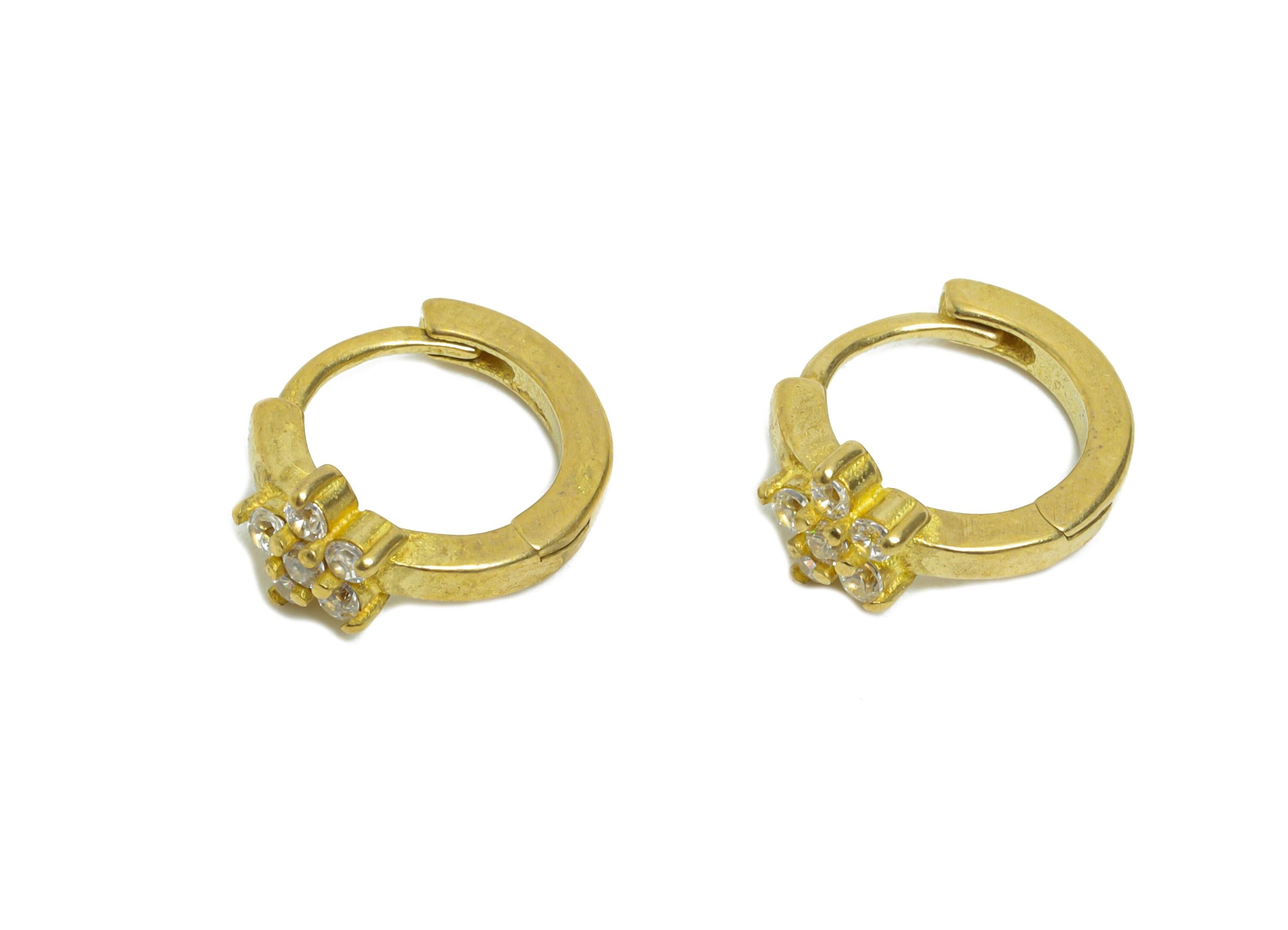 Brass CZ Huggie Hoop Earrings - Raw Brass Flower Zircon Earrings - Dainty Botanical Floral Huggie Hoop Clasp - 12.8x10.64x5.35mm - PP11360 - DOMEDBAZAAR