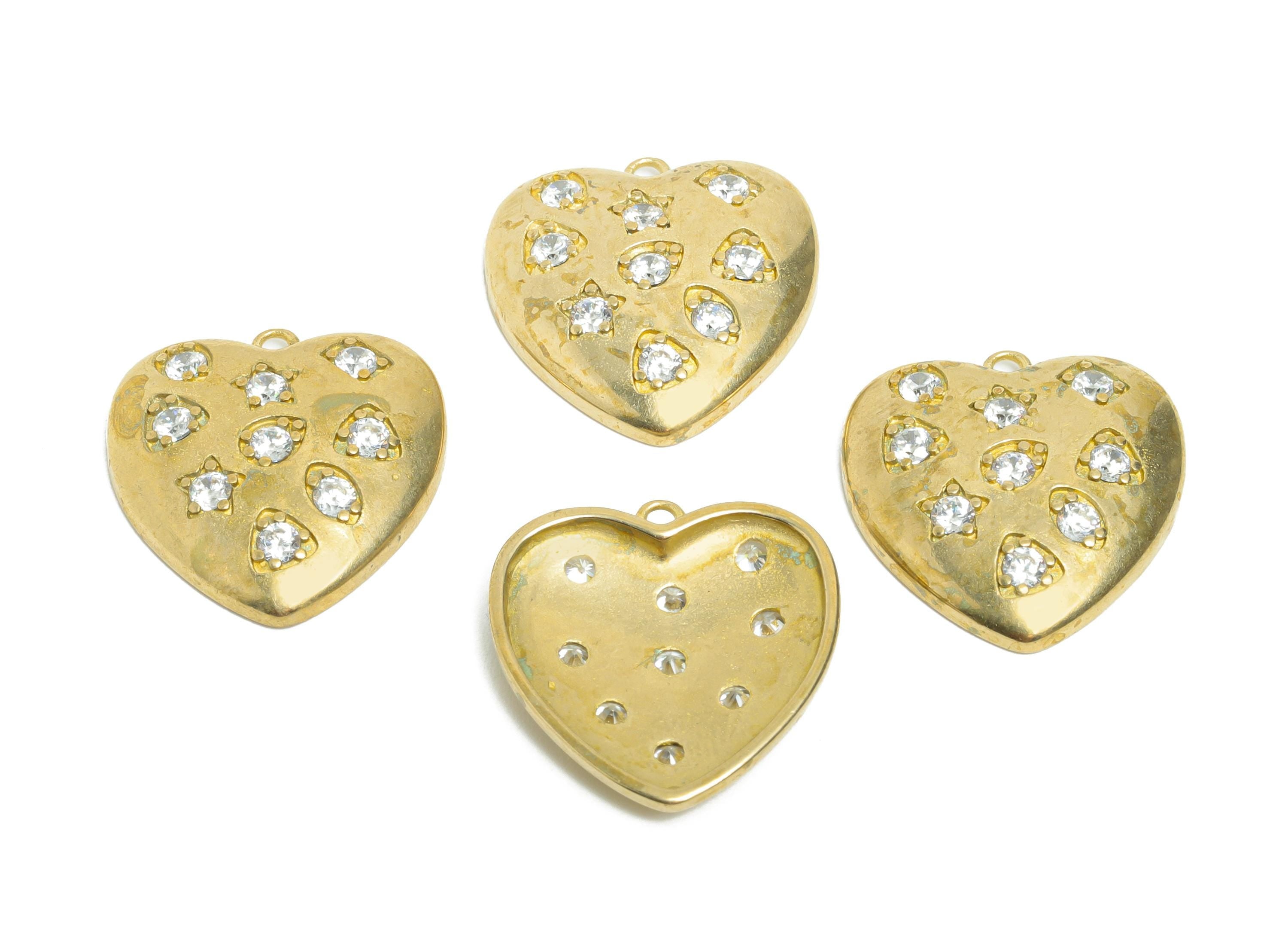 Brass Heart Pendant - Raw Brass Star Necklace Charm with Zircon - DIY Jewelry Heart Charm - for Bracelet or Necklace - 19x16x2mm -PP11388 - DOMEDBAZAAR