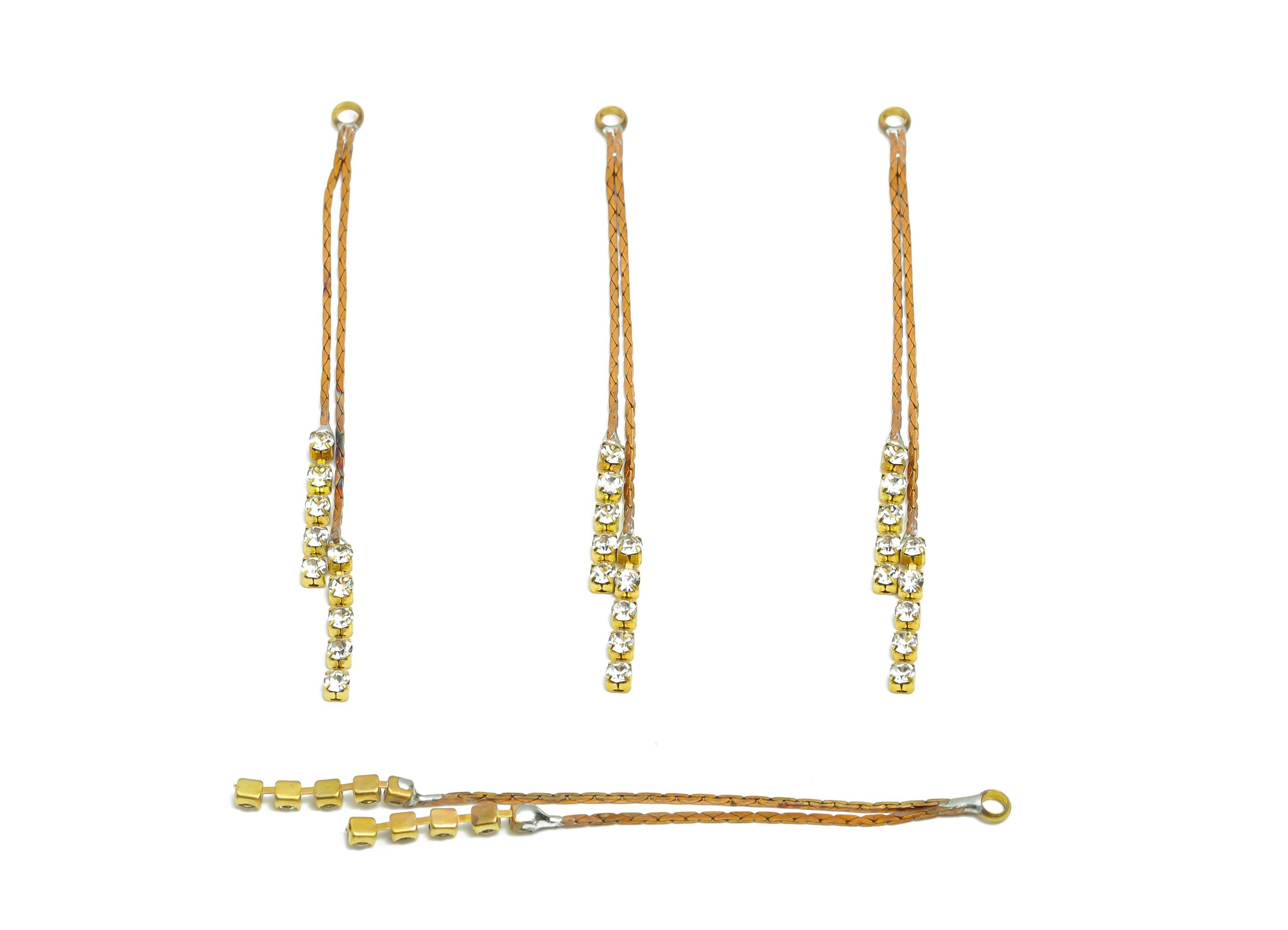 Brass Chain Dangle Charm - Raw Brass Braided Cord with Crystal Chain Pendant - Brass Sparkly Drop Charm for Necklace - 102x12x1mm - PP11399 - DOMEDBAZAAR