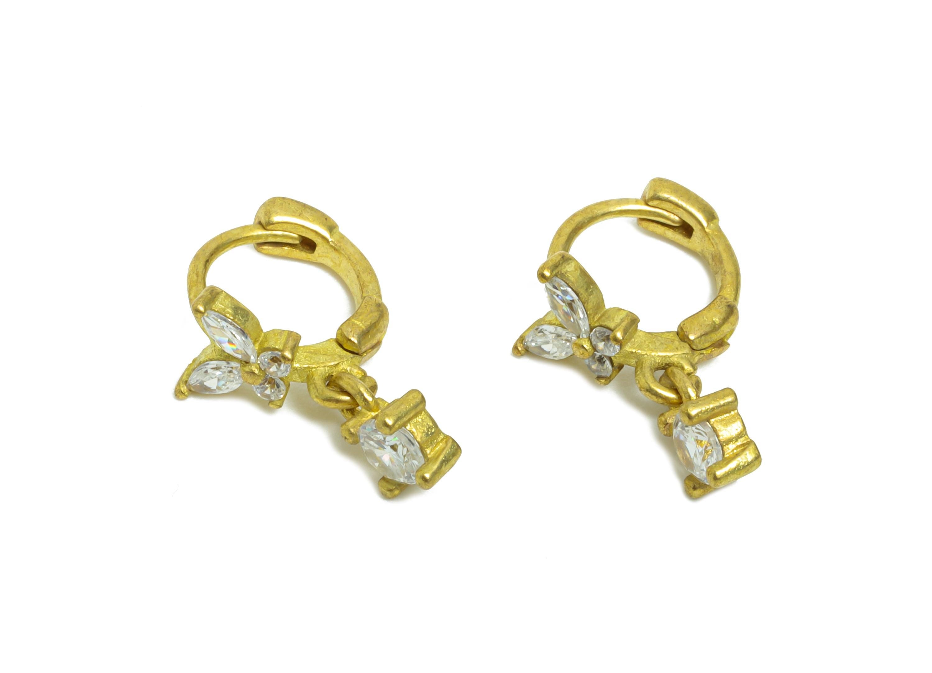 Brass CZ Dangle Huggie Hoop Earrings - Tiny Raw Brass Butterfly Zircon Earrings - Delicate Huggie Hoop Clasp - 9.63x7.68x5mm - PP11341 - DOMEDBAZAAR