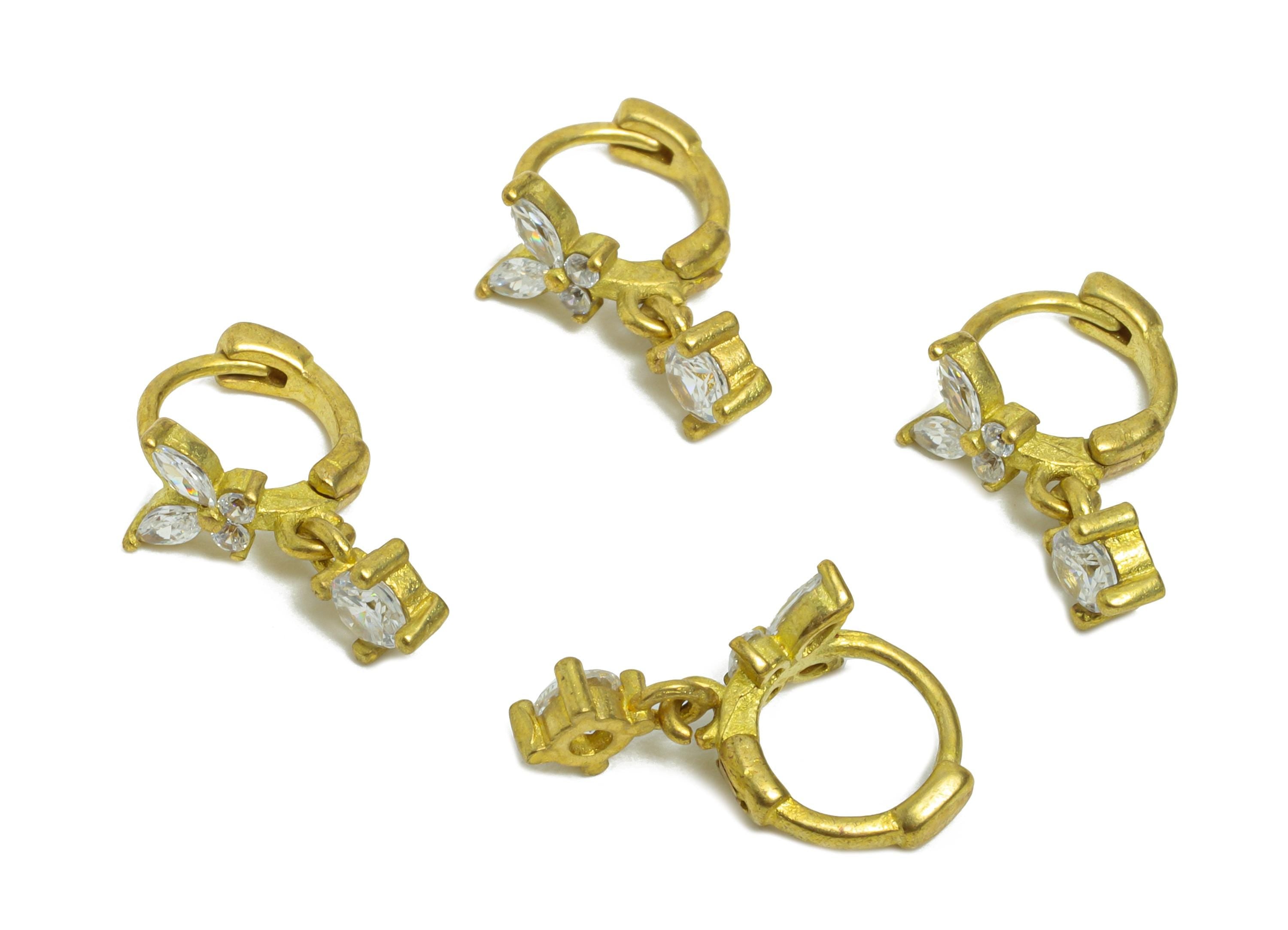 Brass CZ Dangle Huggie Hoop Earrings - Tiny Raw Brass Butterfly Zircon Earrings - Delicate Huggie Hoop Clasp - 9.63x7.68x5mm - PP11341 - DOMEDBAZAAR