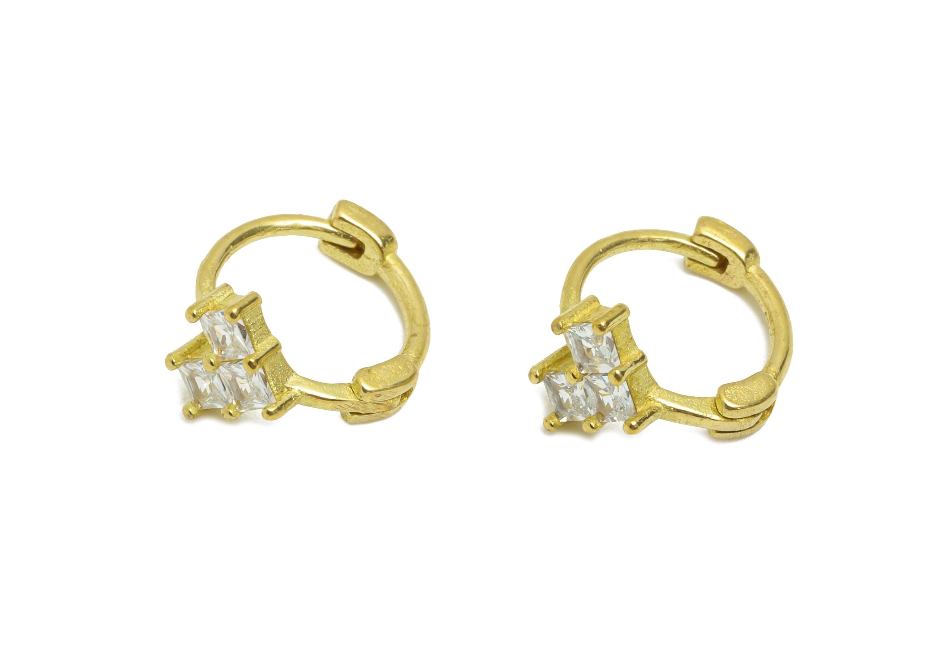 Brass CZ Huggie Hoop Earrings - Raw Brass Geometric Zircon Earrings - Everyday Dainty Brass Huggie Hoop Clasps - 11x9.75x6.67mm - PP11316