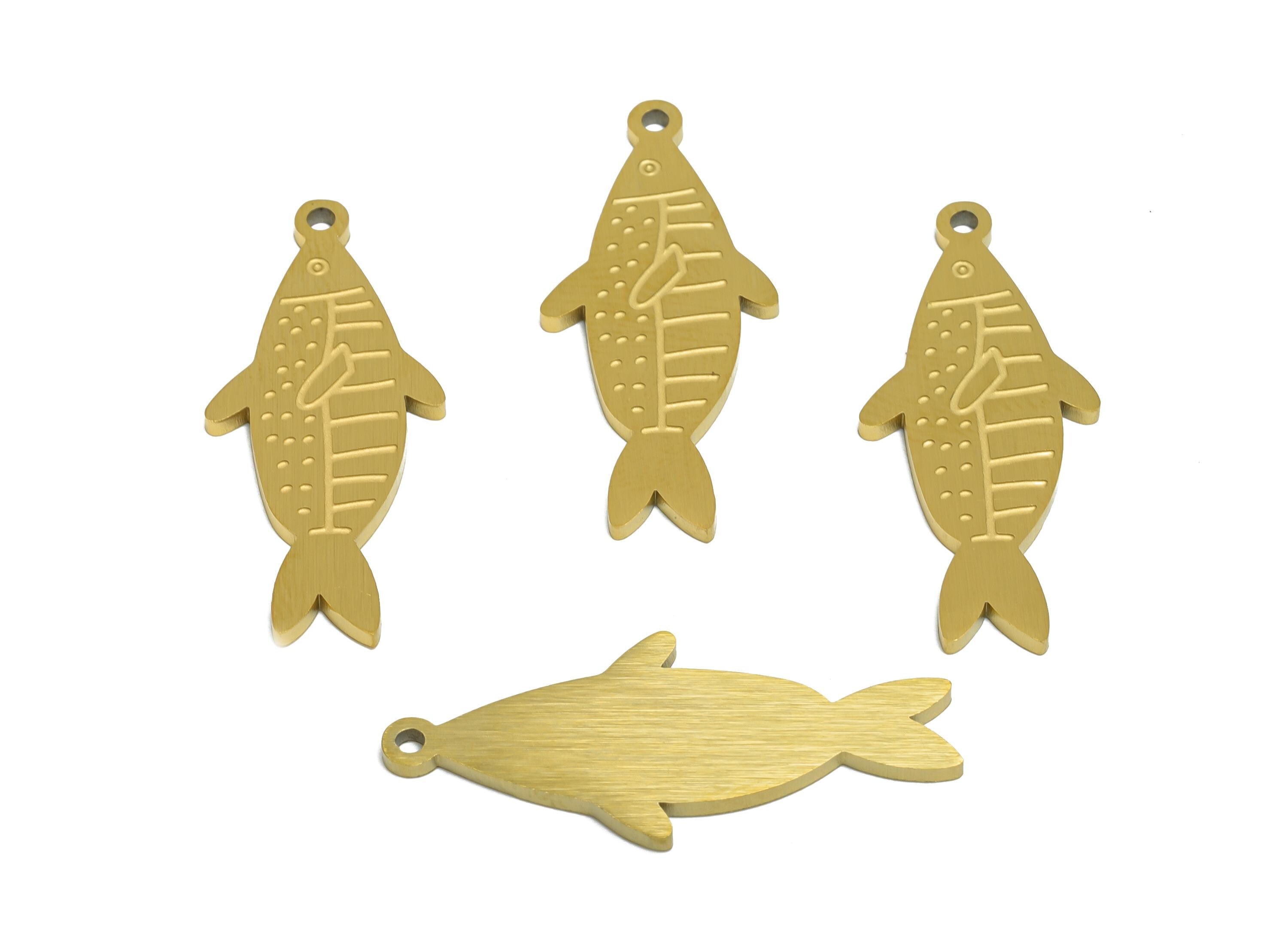 Steel Patterned Fish Charm - Marine Life Theme Jewelry Supply - Laser Cut Engraved Steel Charm - Real Vacuum Plating - 29x12x1.5mm - SS2735 - DOMEDBAZAAR
