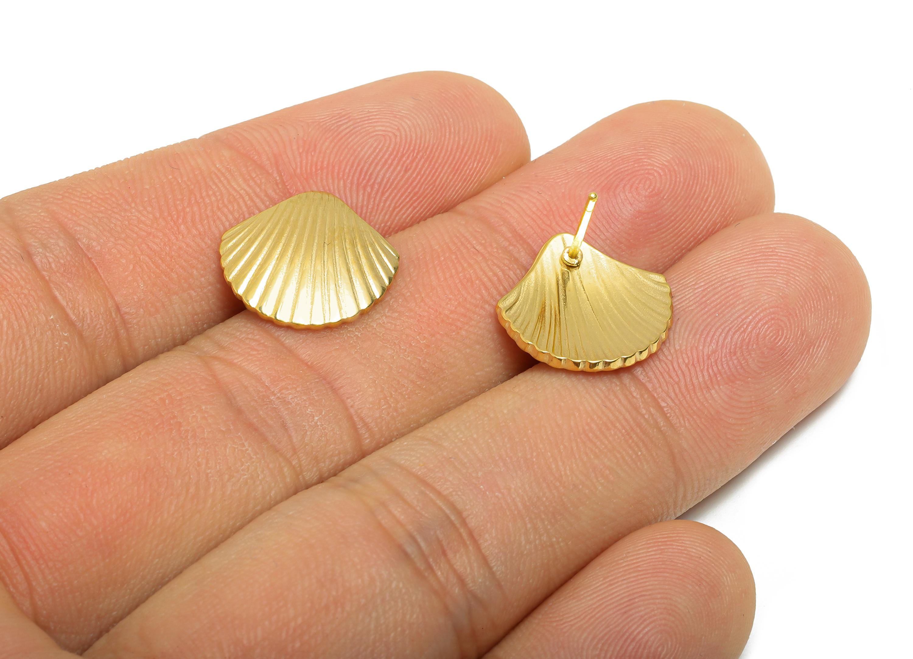 Steel Seashell Stud Earring - Steel Textured Beach Shell Jewelry - Steel Marine Life Earring Post - 24K Vacuum Plating - 14x14x1mm - SS2714G - DOMEDBAZAAR