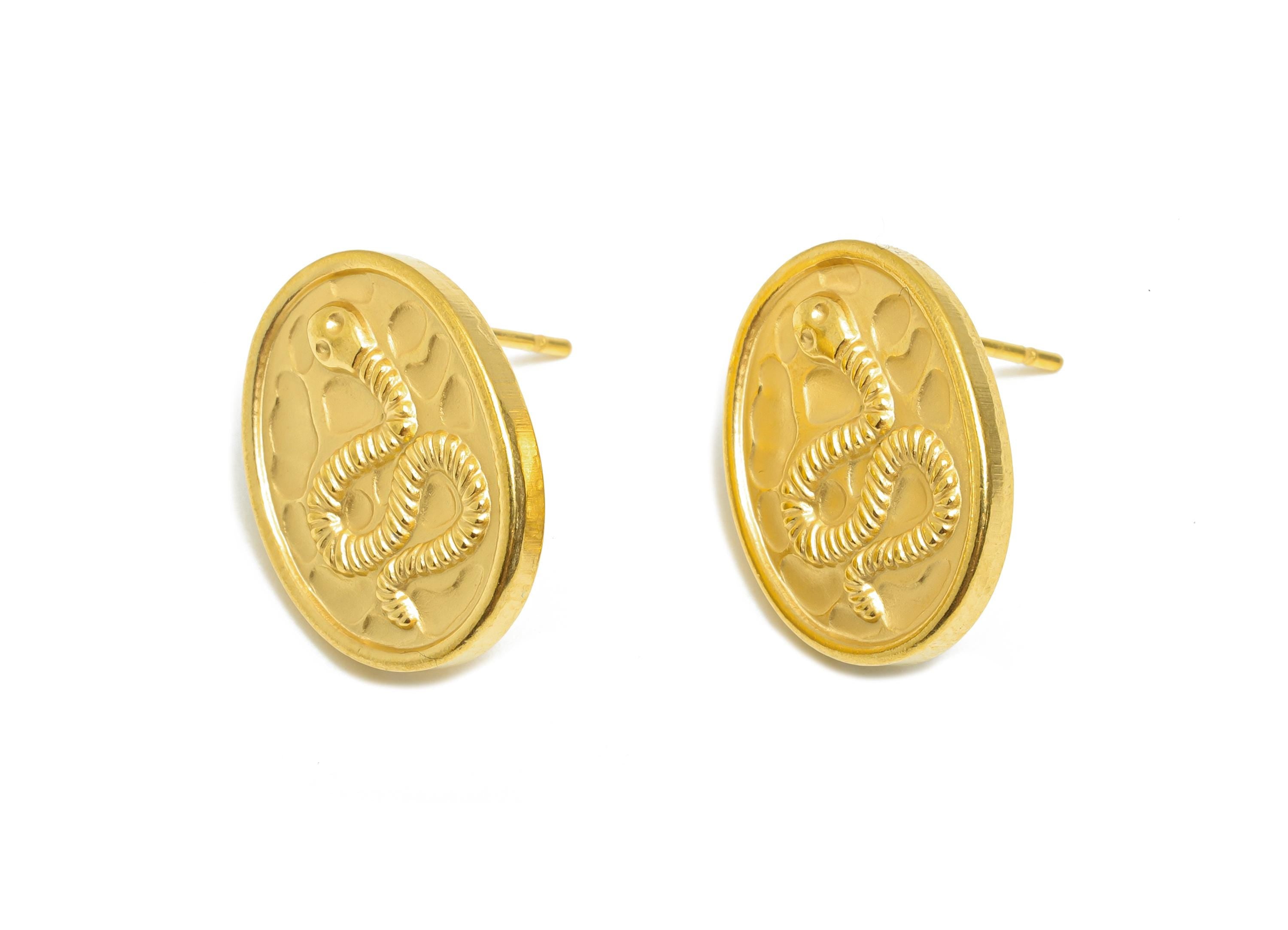 Steel Snake Stud Earring - Steel Textured Oval Snake Stud Earrings - Bold Steel Earring - 24K Real Vacuum Plating - 18x14x2.24mm -SS2715G - DOMEDBAZAAR