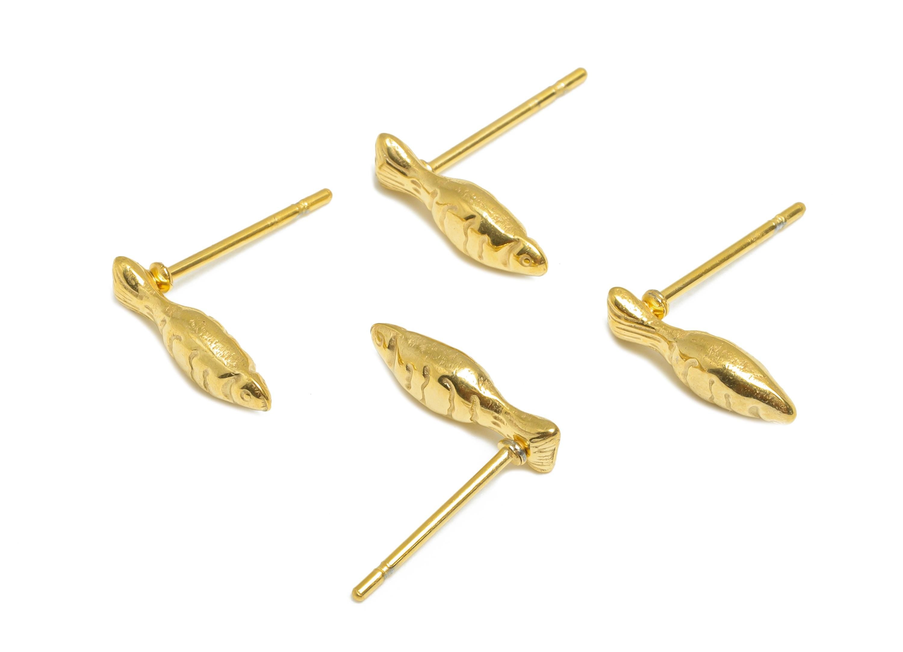 Steel Fish Stud Earring - Steel Tiny Textured Fish Earring - Steel Marine Life Earring Post - 24K Real Vacuum Plating - 12x4x2.7mm - SS2719G - DOMEDBAZAAR