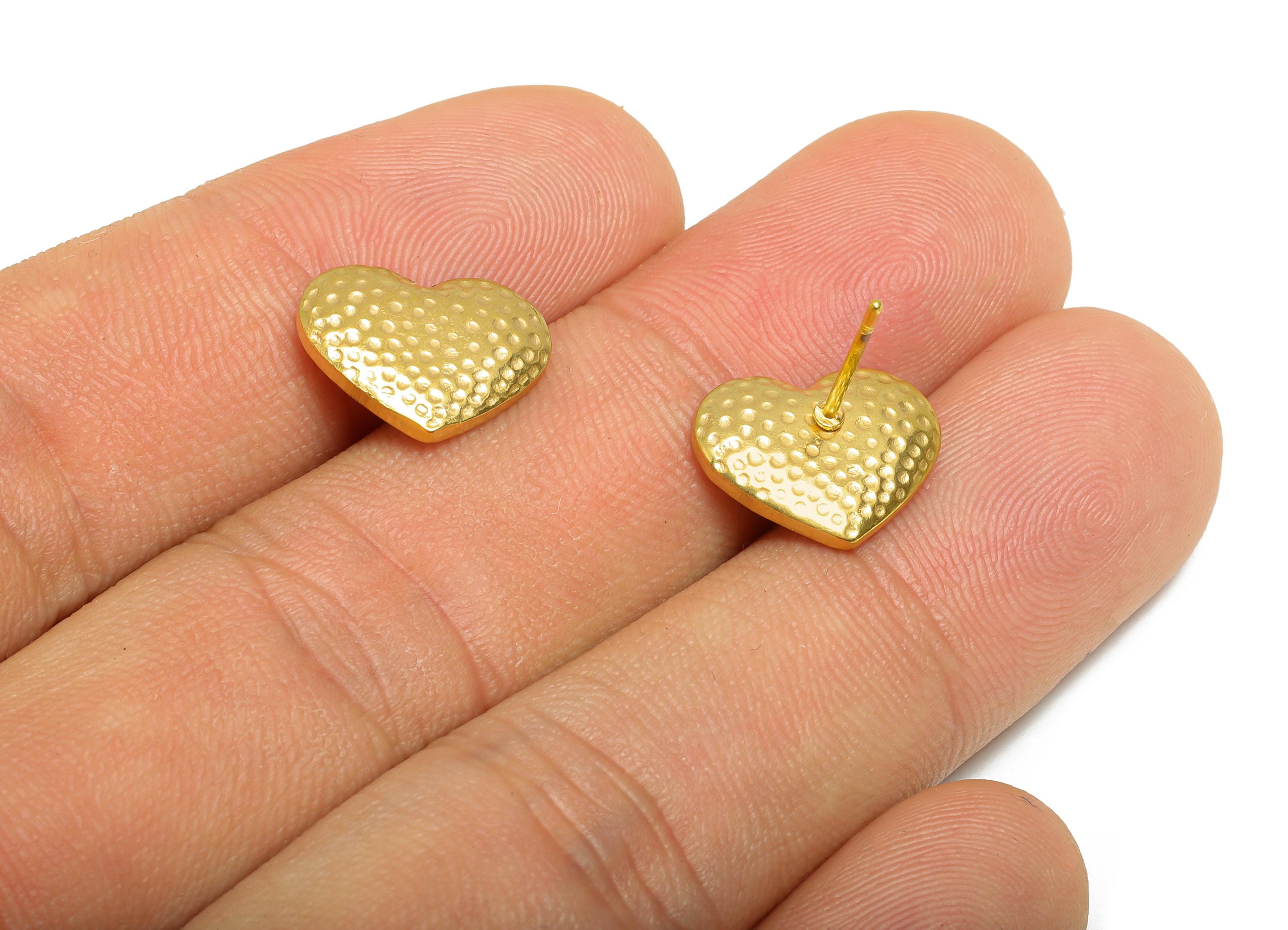 Steel Heart Stud Earring - Steel Romantic Stud Earring - Valentine Jewelry - Textured Heart Stud - 24K Real Vacuum Plating-11x14x1mm-SS2734G - DOMEDBAZAAR