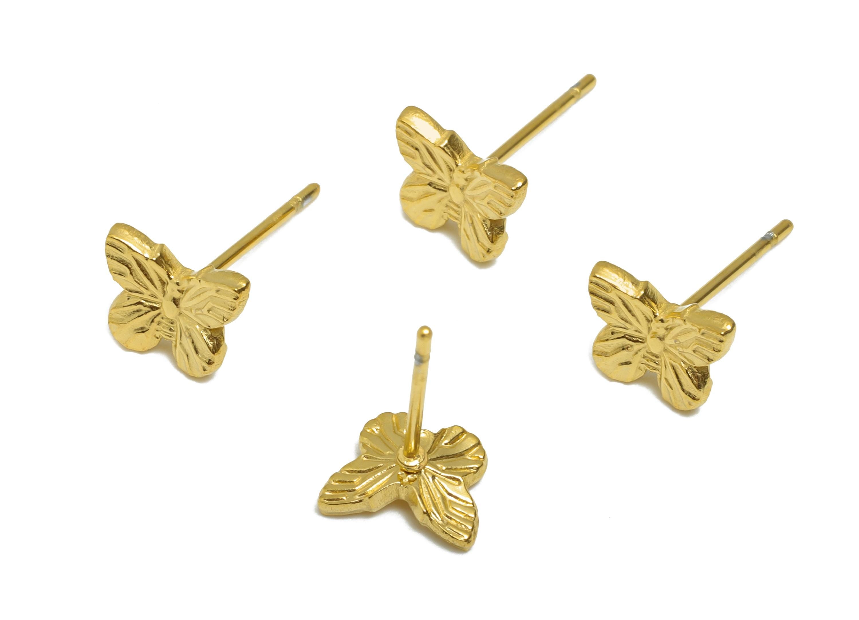 Steel Butterfly Stud Earring - Steel Textured Butterfly Stud Earrings - Butterfly Earring Post - 24K Real Vacuum Plating - 8x6x1mm - SS2725G - DOMEDBAZAAR