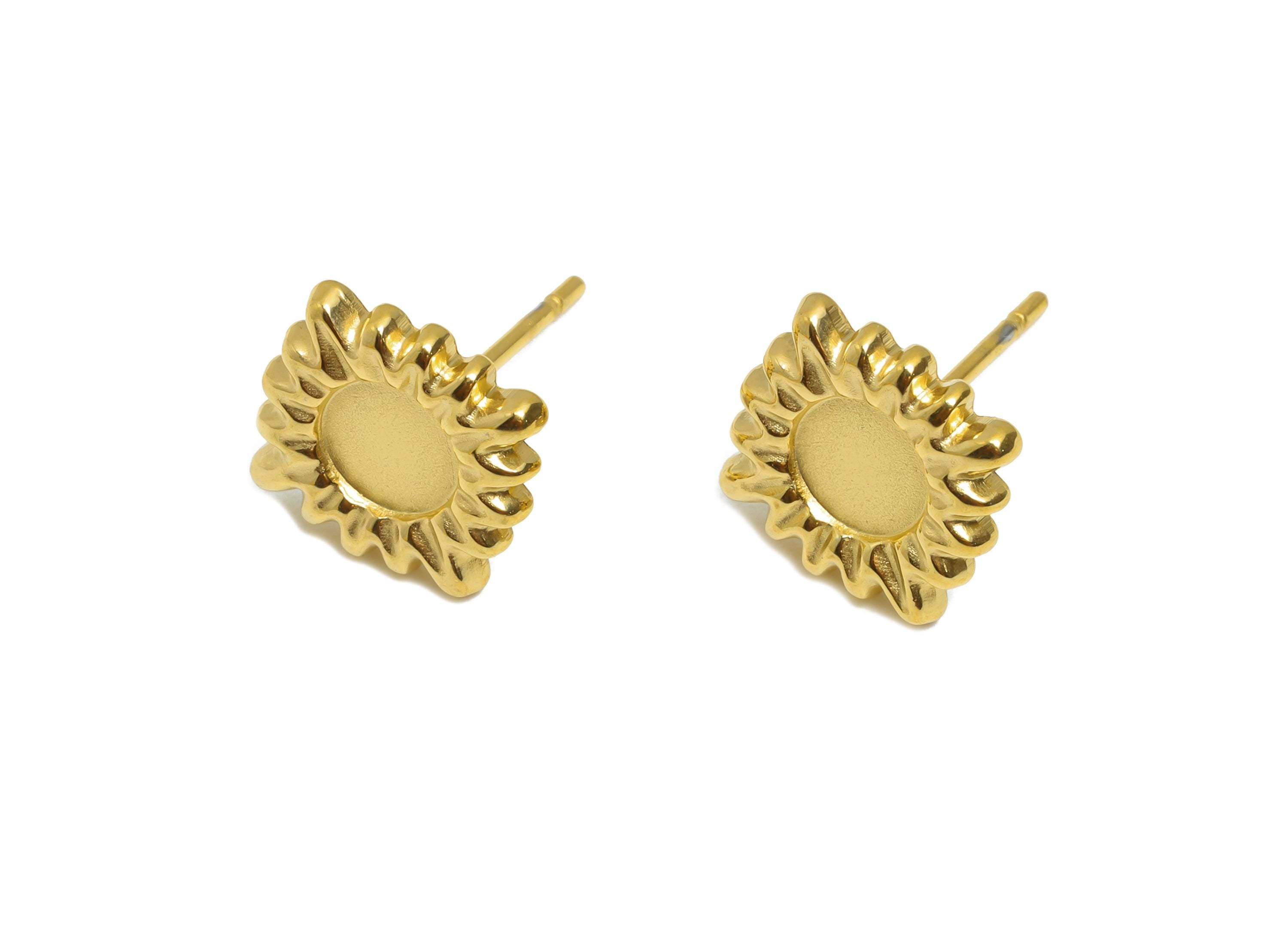 Steel Sun Stud Earring - Steel Sunshine Earring For DIY Bead - Steel Celestial Stud Earring - 24K Real Vacuum Plating - 12x12x1mm - SS2717G - DOMEDBAZAAR
