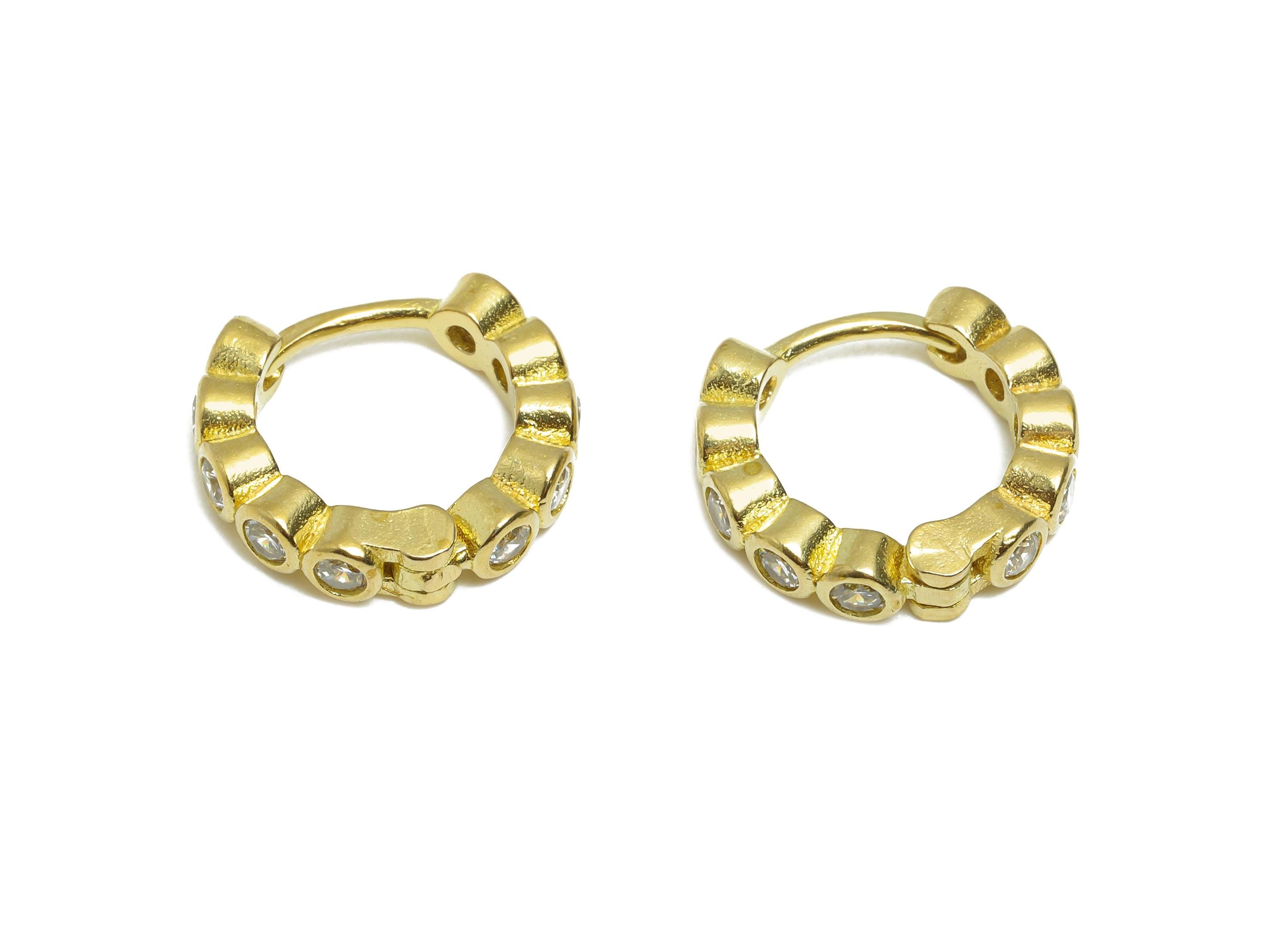 Brass CZ Huggie Hoop Earrings - Raw Brass Cubic Zircon Earrings - Dainty Beaded Huggie Hoop Clasp - Everyday Wear - 13.6x12x3mm - PP11362 - DOMEDBAZAAR