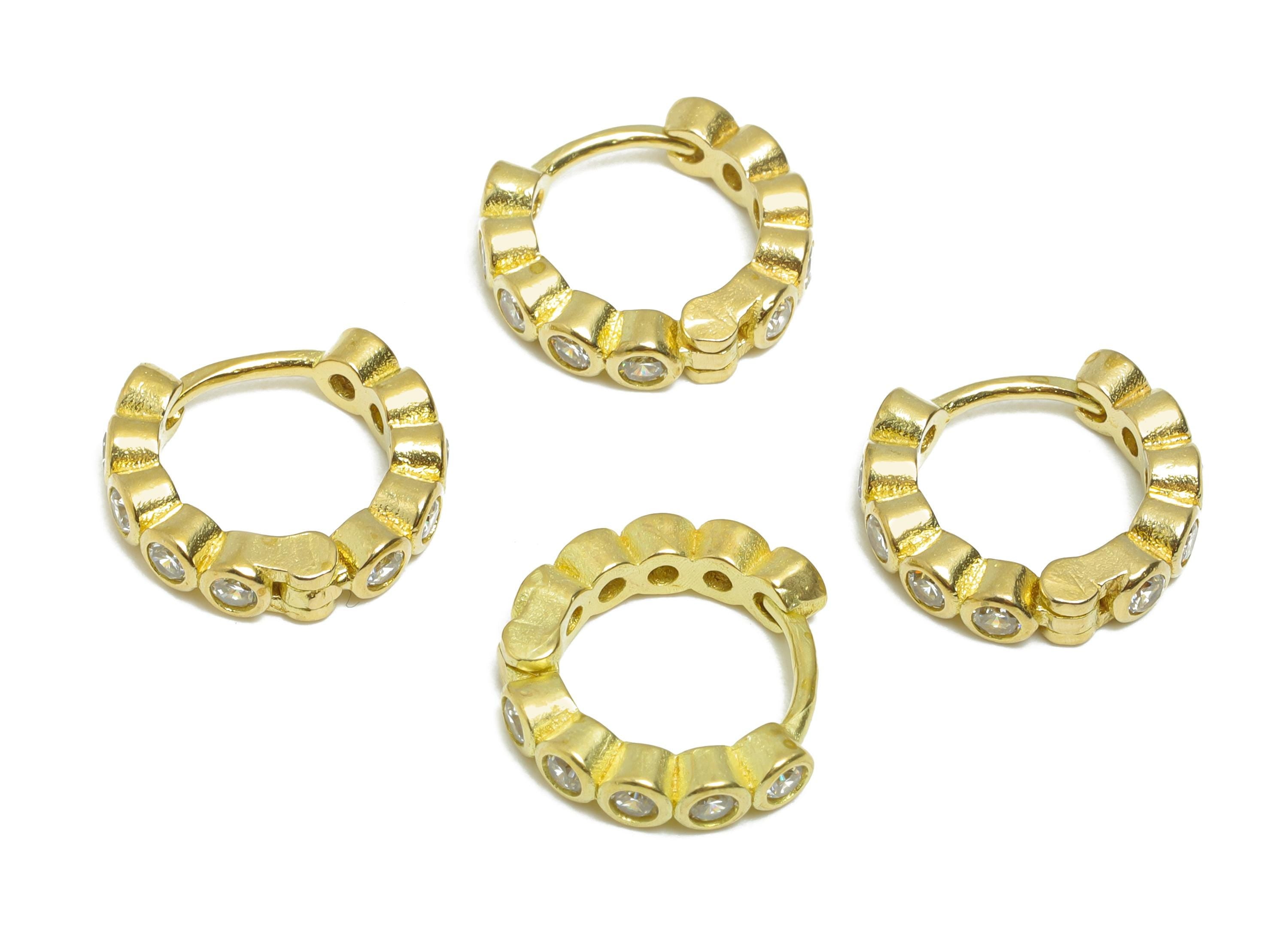 Brass CZ Huggie Hoop Earrings - Raw Brass Cubic Zircon Earrings - Dainty Beaded Huggie Hoop Clasp - Everyday Wear - 13.6x12x3mm - PP11362 - DOMEDBAZAAR