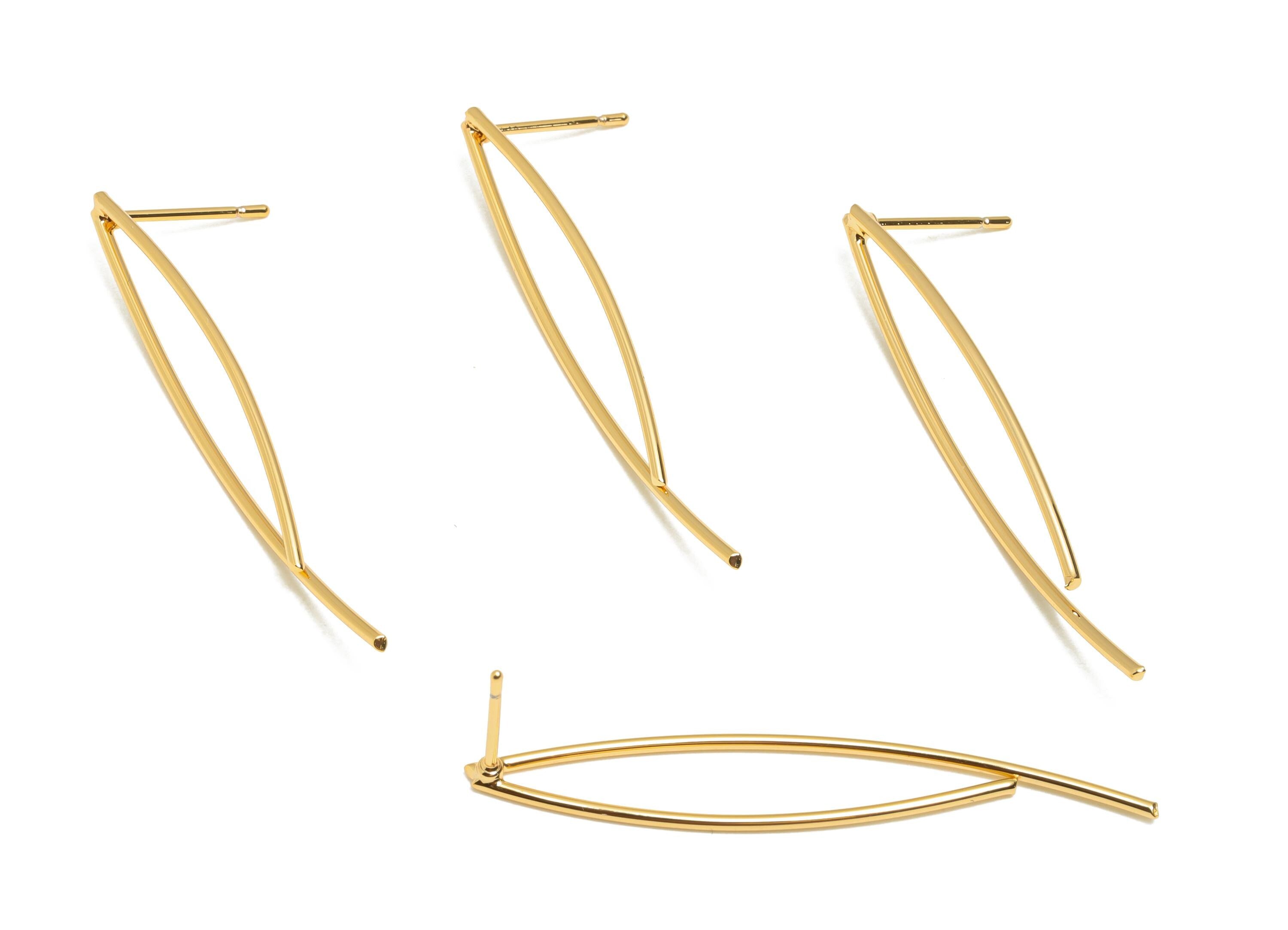 Gold Wire Earring Post - Brass Long Curve Earring Stud - Lightweight Modern Gold Jewelry - 18K Real Gold Plating - 42x7x0.95mm - RGP11066 - DOMEDBAZAAR