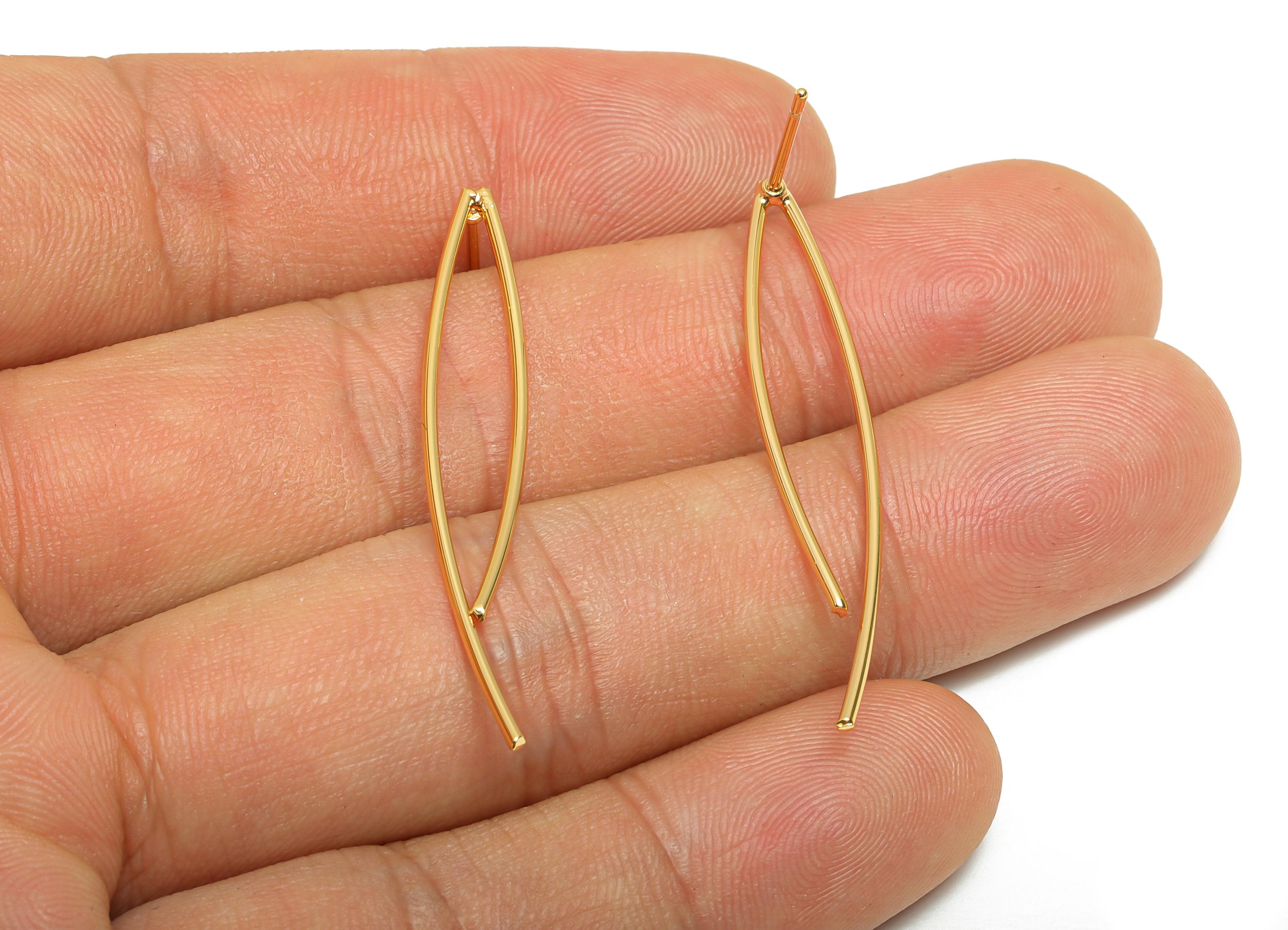 Gold Wire Earring Post - Brass Long Curve Earring Stud - Lightweight Modern Gold Jewelry - 18K Real Gold Plating - 42x7x0.95mm - RGP11066 - DOMEDBAZAAR