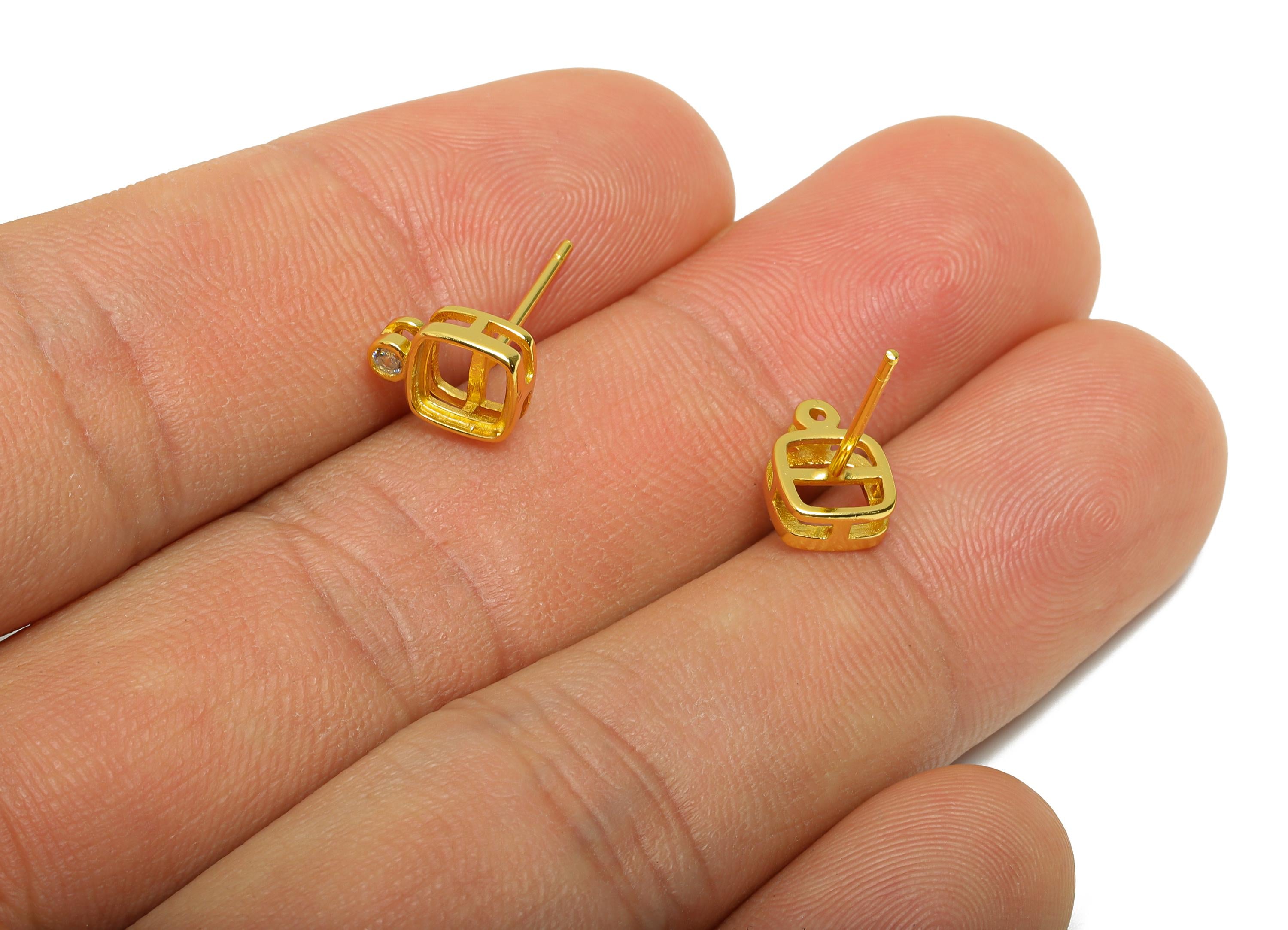 5*5mm Square Earring Setting Post - 925 Sterling Silver Stud with Zircon - Geometric Earring Post for Diamond - 18K Real Gold Plated -SI1055
