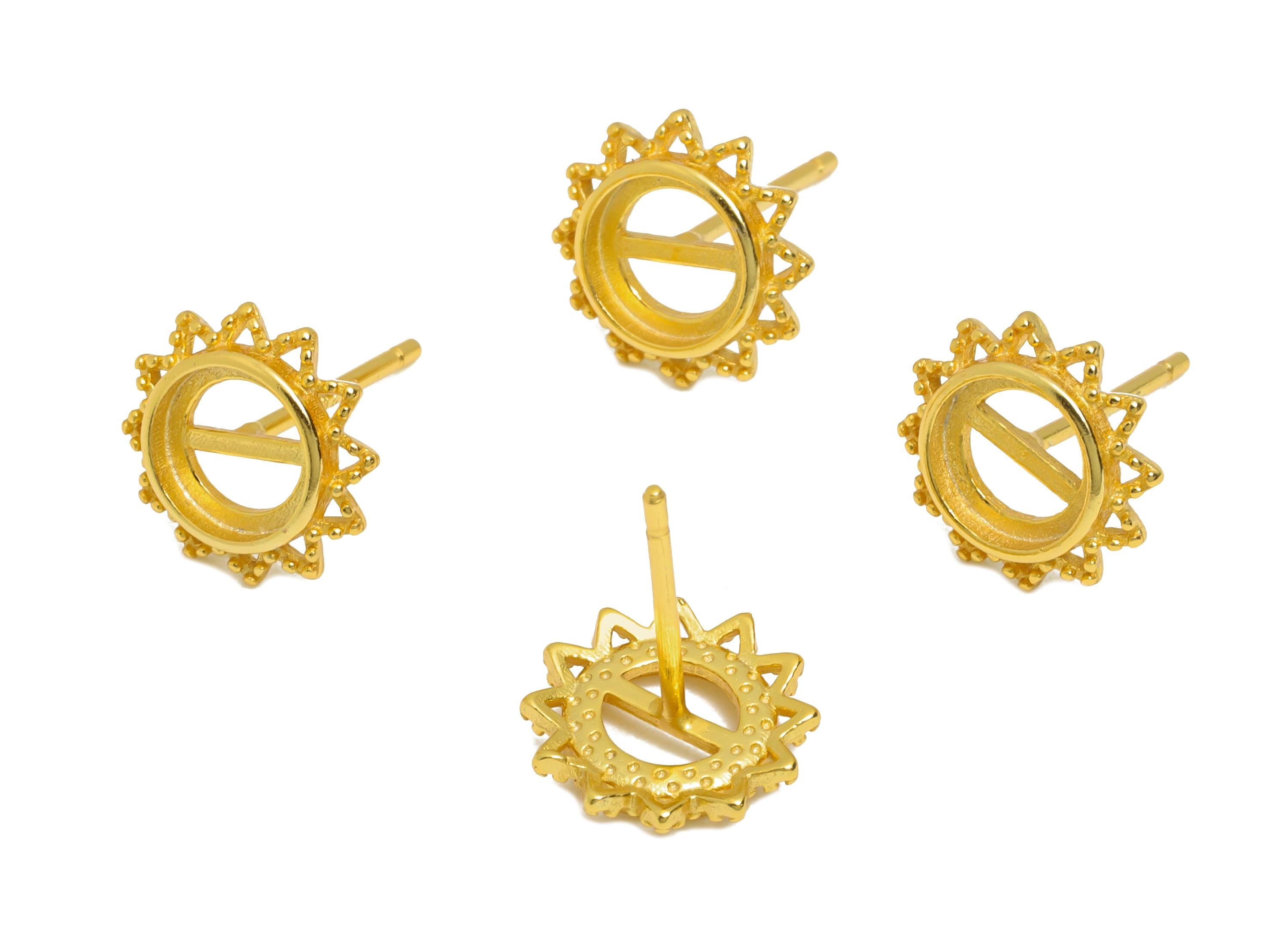 6mm Sunburst Earring Setting Post - 925 Sterling Silver Earring Stud - Geometric Earring Post for Diamond - 18K Real Gold Plated - SI1051 - DOMEDBAZAAR