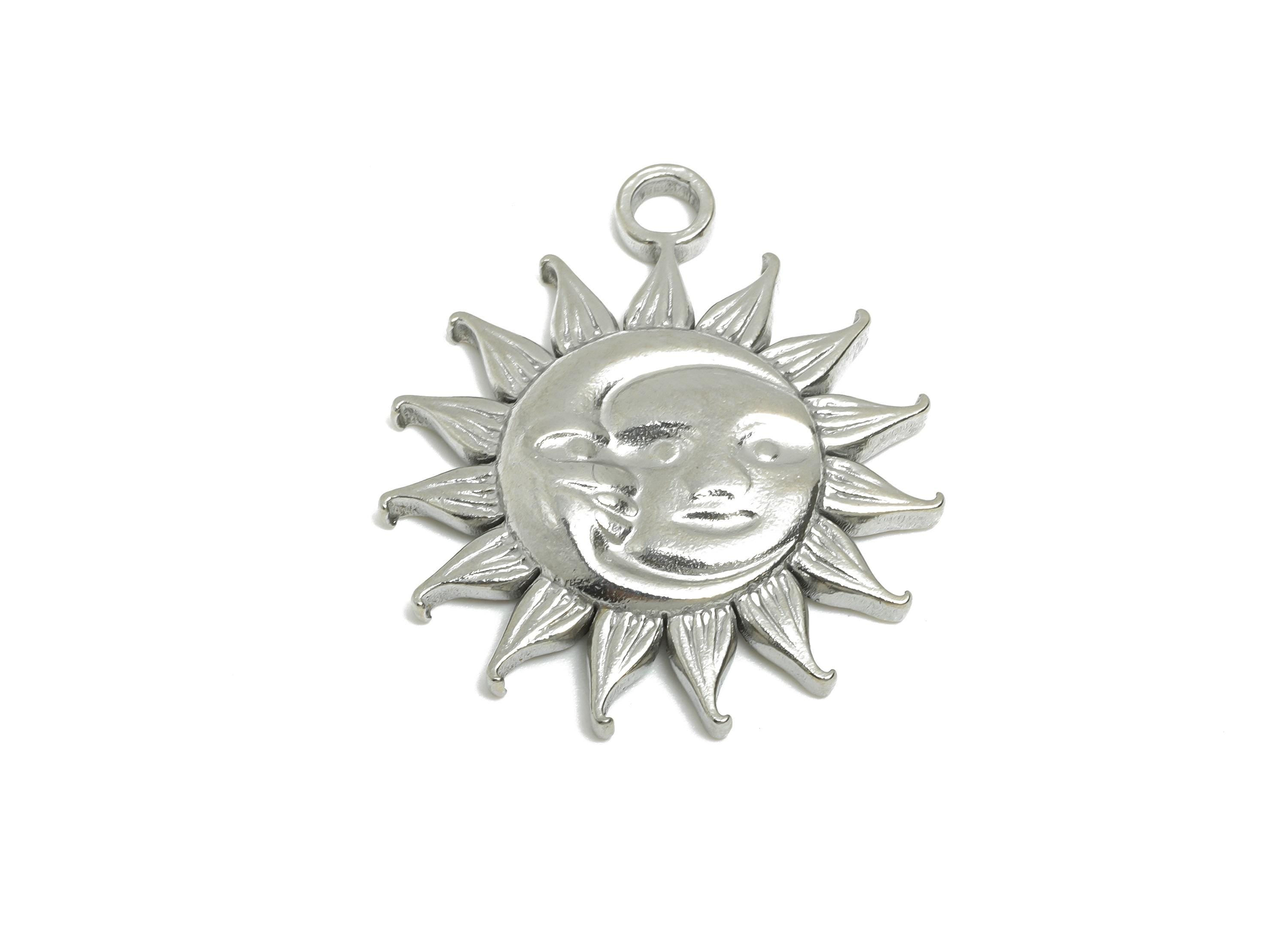 Steel Sun Moon Face Pendant - Radiant Sun Charm for Necklace - Vintage Solar Energy Symbol Charm - Steel Jewelry - 29.5x25.4x3.6mm - SS2354 - DOMEDBAZAAR
