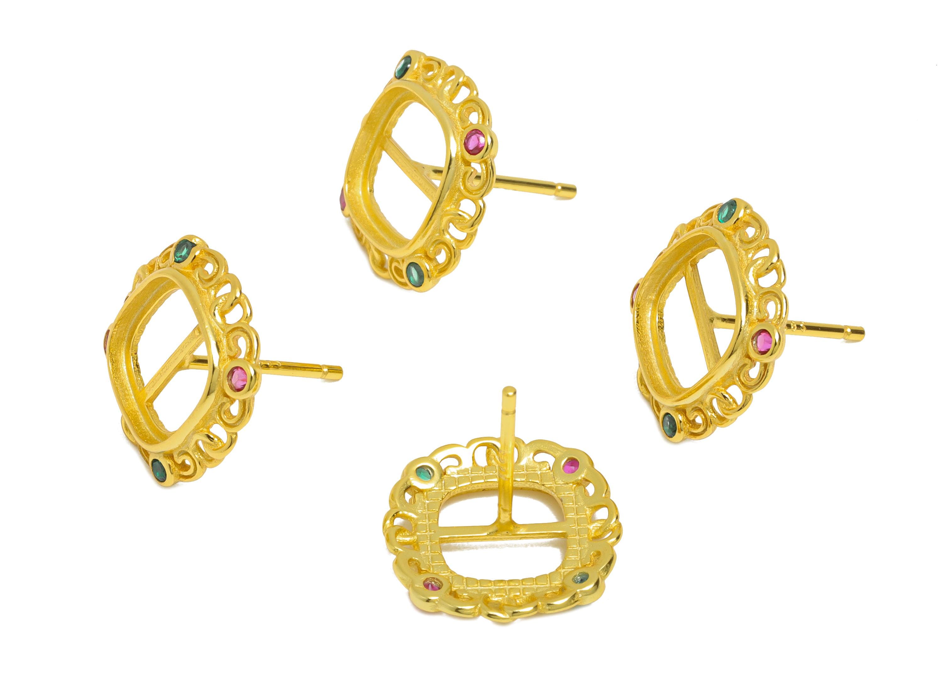 8*8mm Square Earring Setting - 925 Sterling Silver Stud with Zircon - Ornate Geometric Earring Post for Diamond - 18K Gold Plated - SI1060 - DOMEDBAZAAR