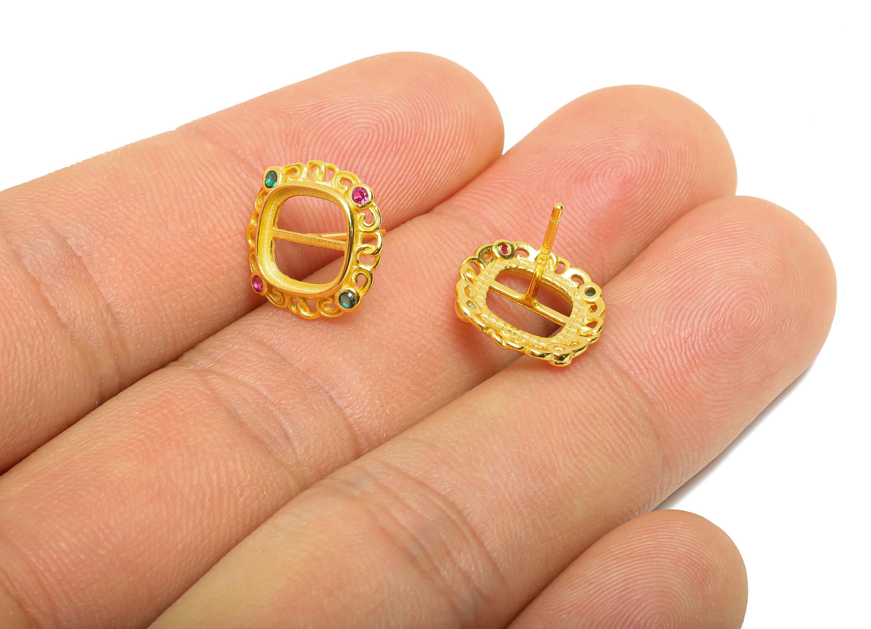 8*8mm Square Earring Setting - 925 Sterling Silver Stud with Zircon - Ornate Geometric Earring Post for Diamond - 18K Gold Plated - SI1060 - DOMEDBAZAAR
