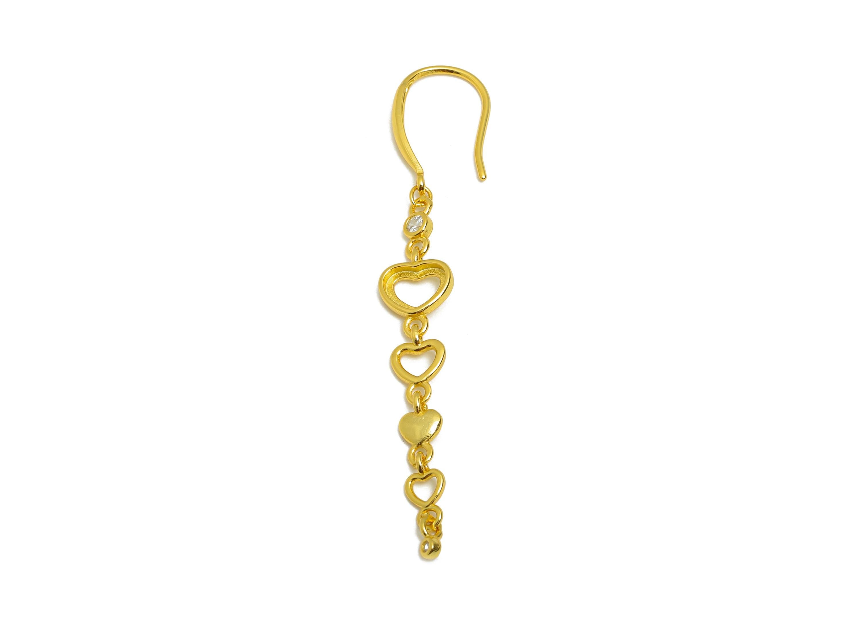 6mm Heart Dangle Ear Hook Setting - 925 Sterling Silver with Zircon - Fashion Hanging Ear Hook for Gem - 18K Gold Plated-55x9.7x1.5mm-SI1059
