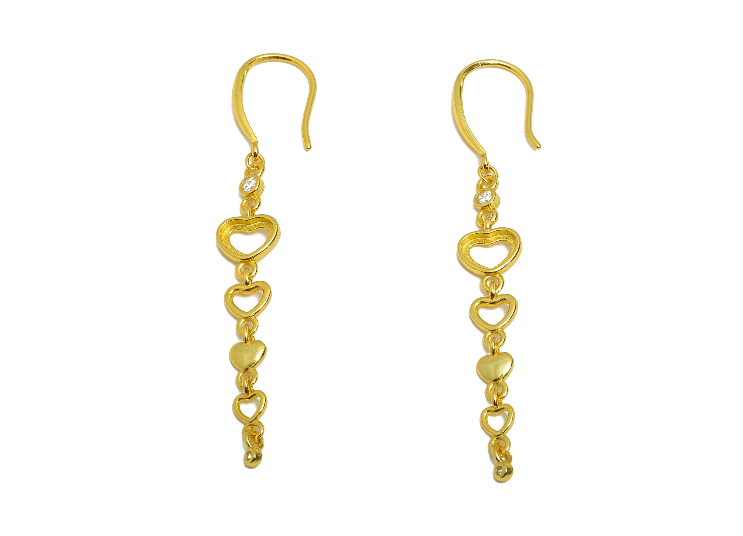 6mm Heart Dangle Ear Hook Setting - 925 Sterling Silver with Zircon - Fashion Hanging Ear Hook for Gem - 18K Gold Plated-55x9.7x1.5mm-SI1059