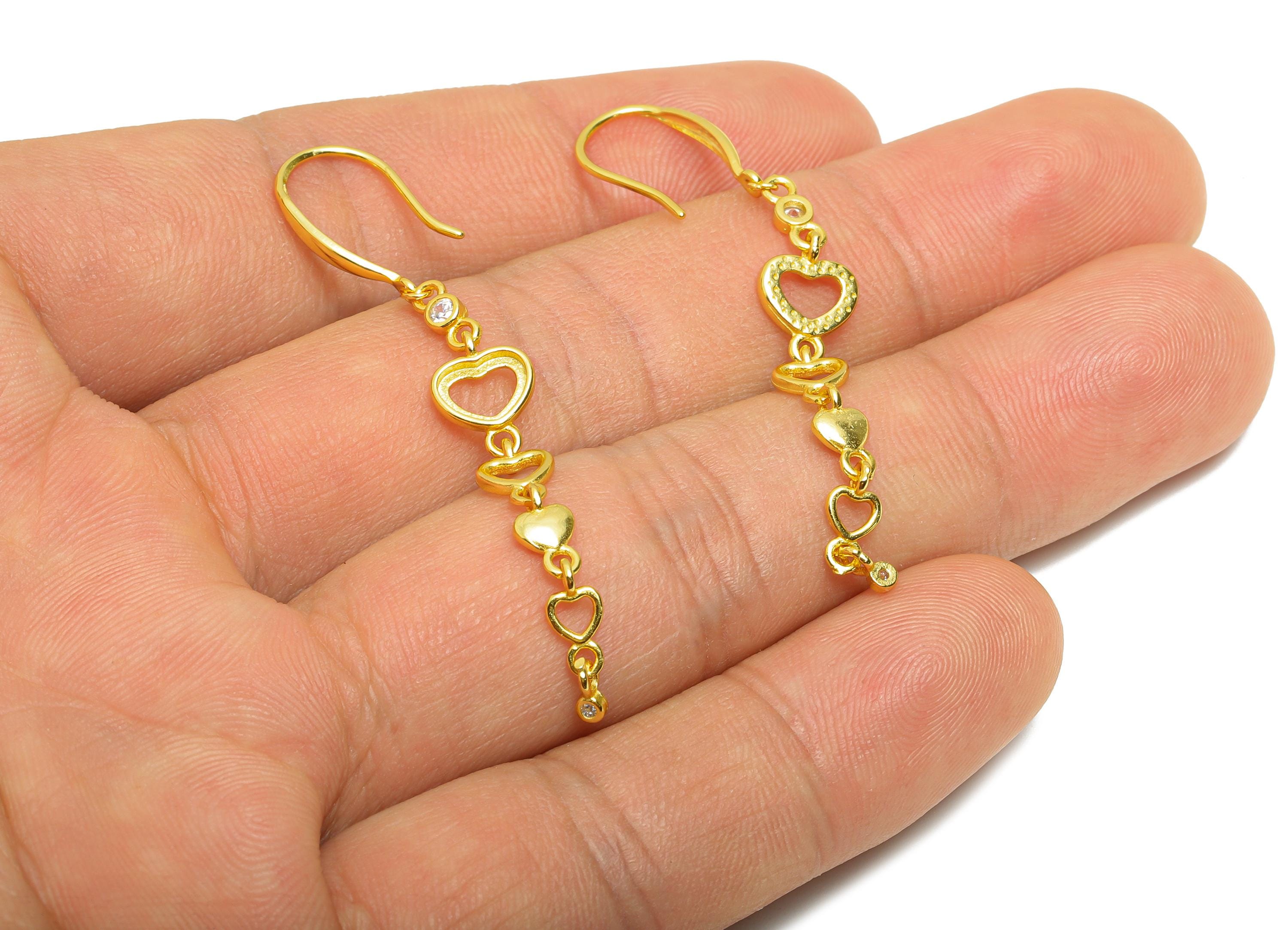 6mm Heart Dangle Ear Hook Setting - 925 Sterling Silver with Zircon - Fashion Hanging Ear Hook for Gem - 18K Gold Plated-55x9.7x1.5mm-SI1059 - DOMEDBAZAAR