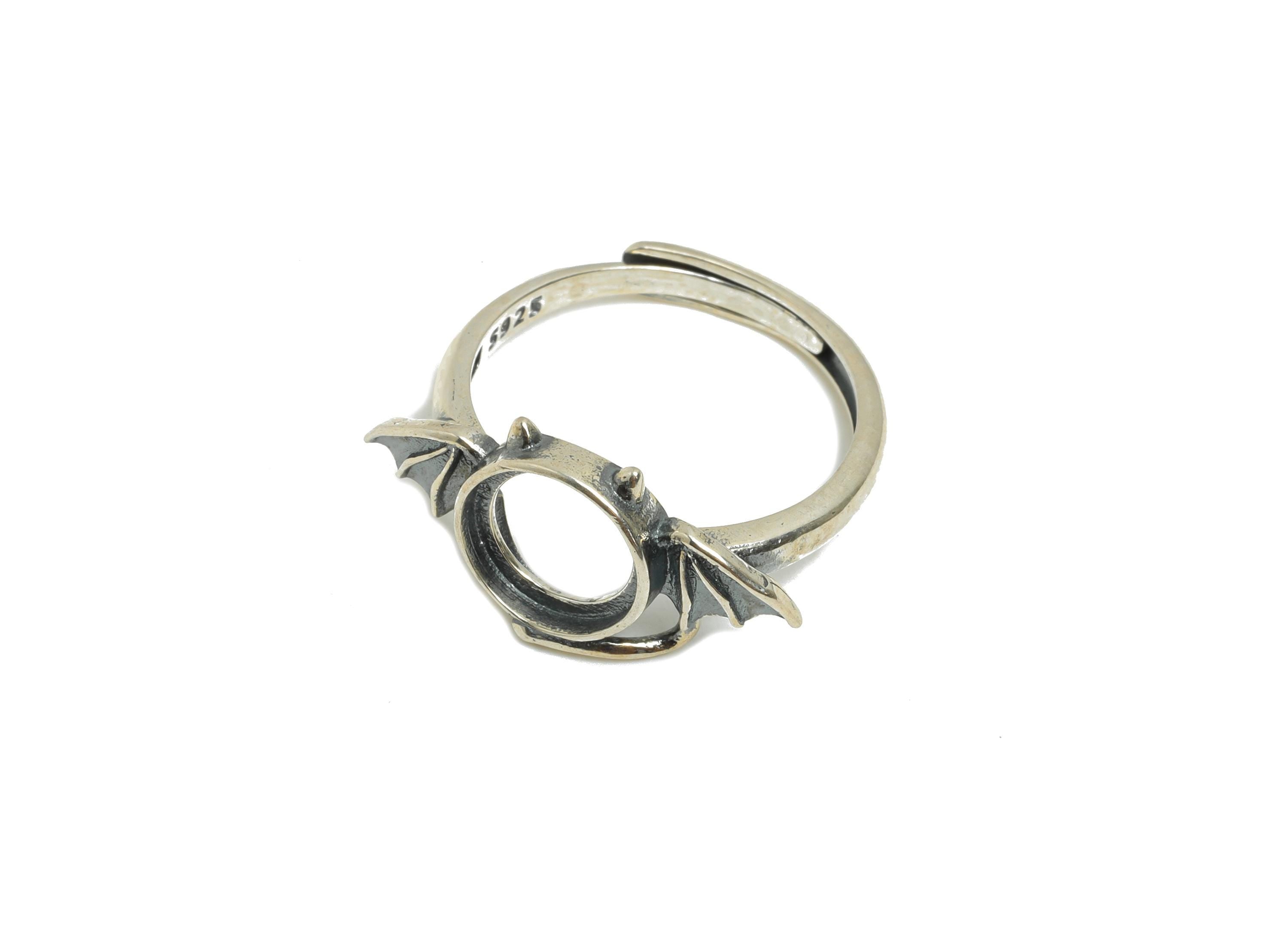 8mm Bat Wing Ring Base - 925 Sterling Silver Ring Setting - Artisan Bat Silver Bead Setting - Halloween Ring Base - DIY Gemstone Ring-SI1065