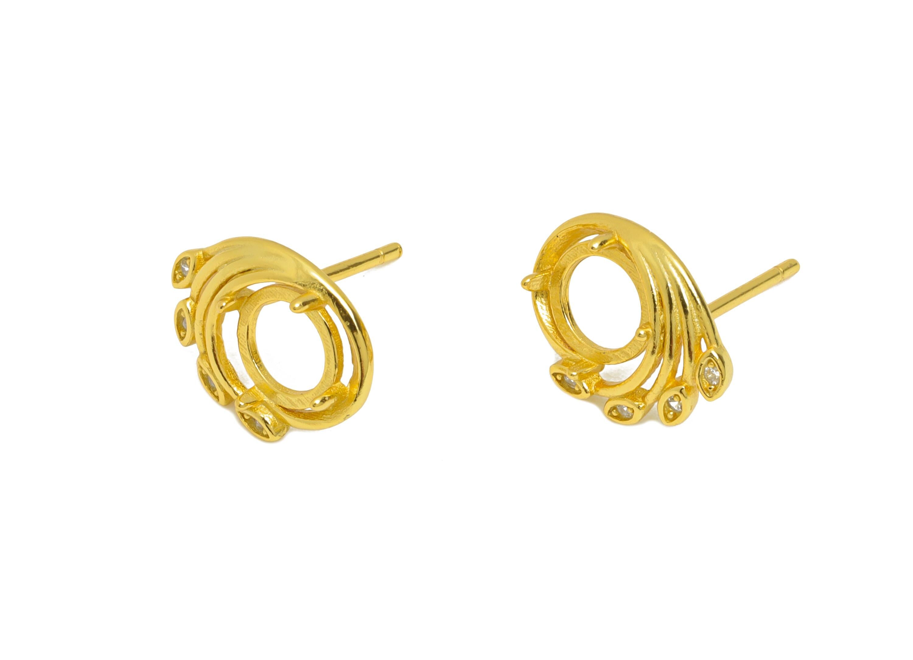 5mm Round Earring Setting - 925 Sterling Silver Swirl Post with Zircon - Cabochon Mount Earring - 18K Real Gold Plated - 12x10x2.8mm -SI1056