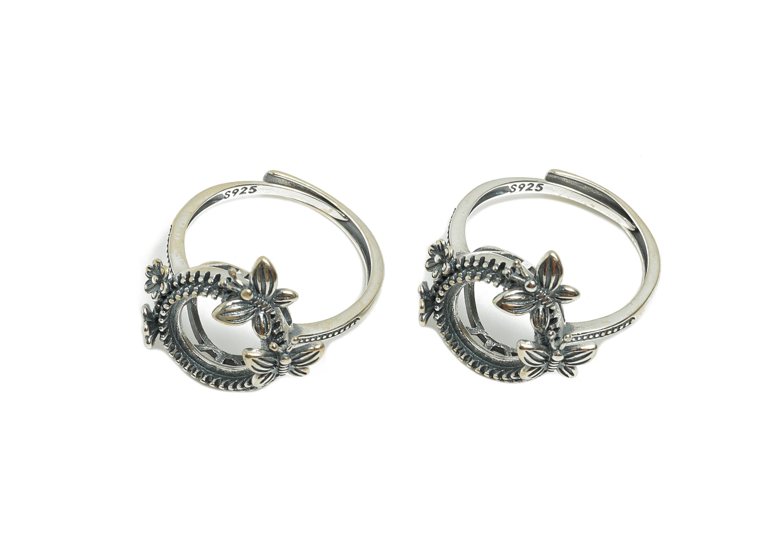 10mm Floral Cabochon Ring - Butterfly Adjustable Ring Base - 925 Sterling Silver Ring Setting - Handmade Ring Blank - Vintage Ring - SI1070
