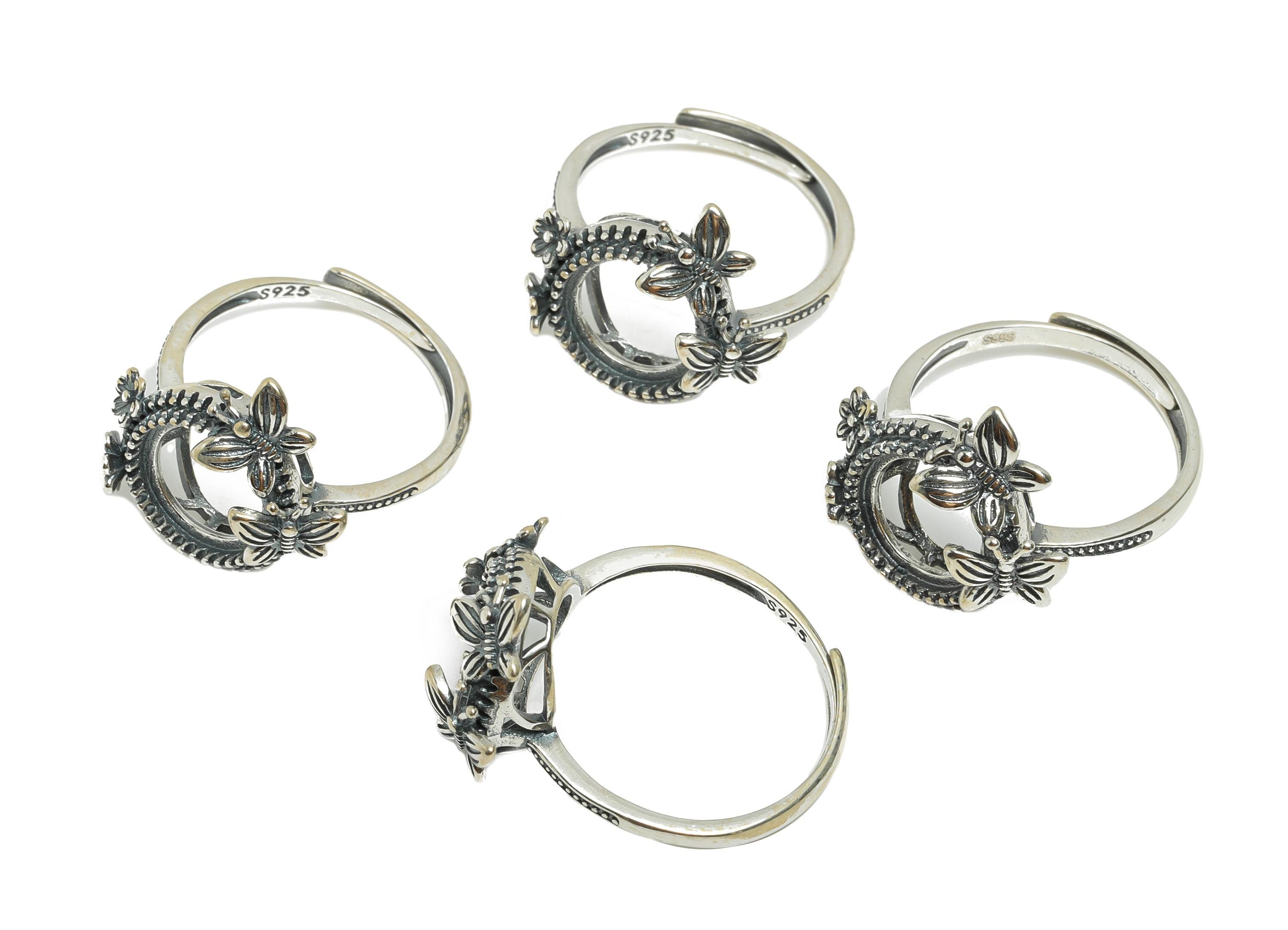 10mm Floral Cabochon Ring - Butterfly Adjustable Ring Base - 925 Sterling Silver Ring Setting - Handmade Ring Blank - Vintage Ring - SI1070 - DOMEDBAZAAR