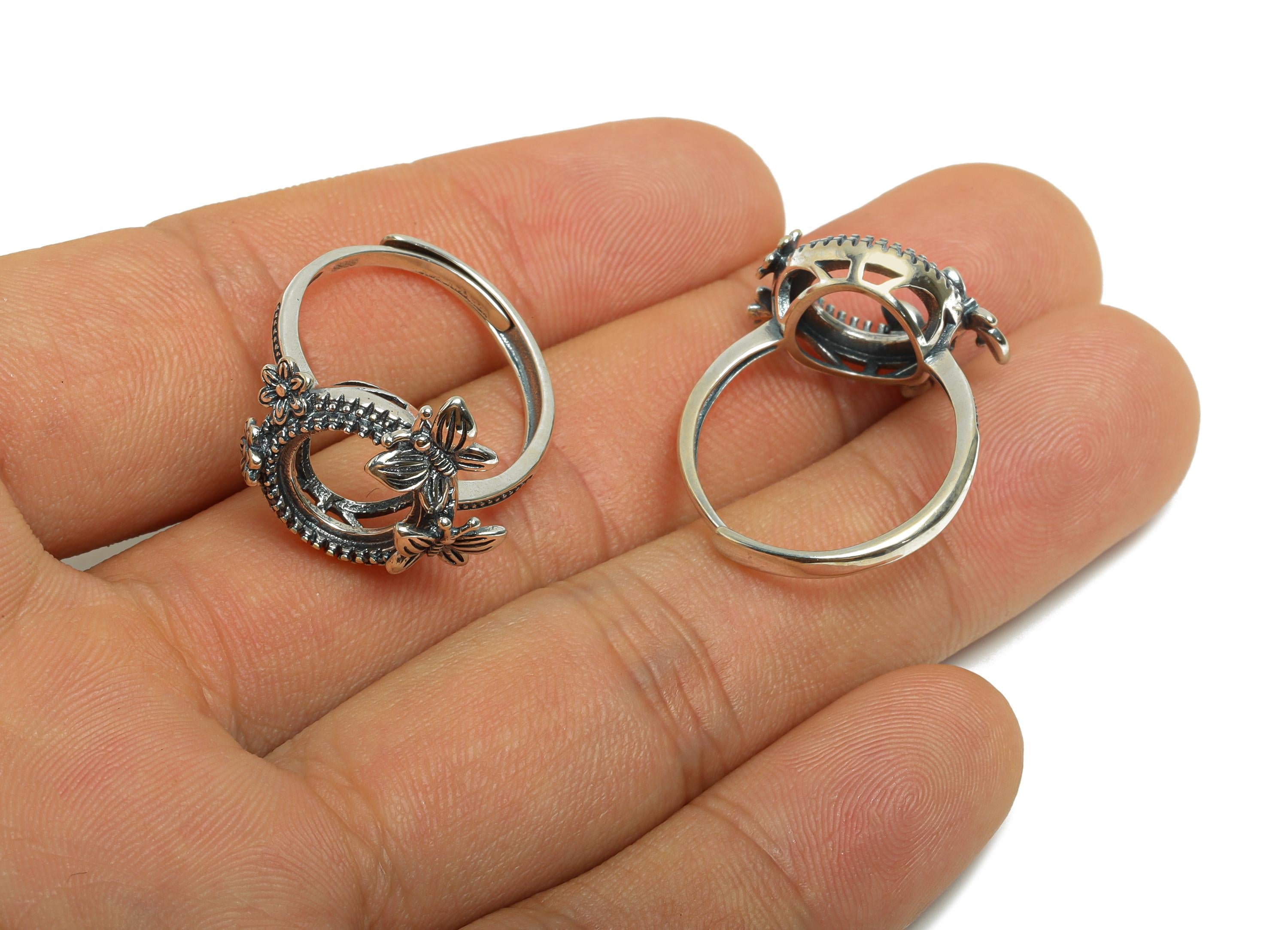 10mm Floral Cabochon Ring - Butterfly Adjustable Ring Base - 925 Sterling Silver Ring Setting - Handmade Ring Blank - Vintage Ring - SI1070 - DOMEDBAZAAR