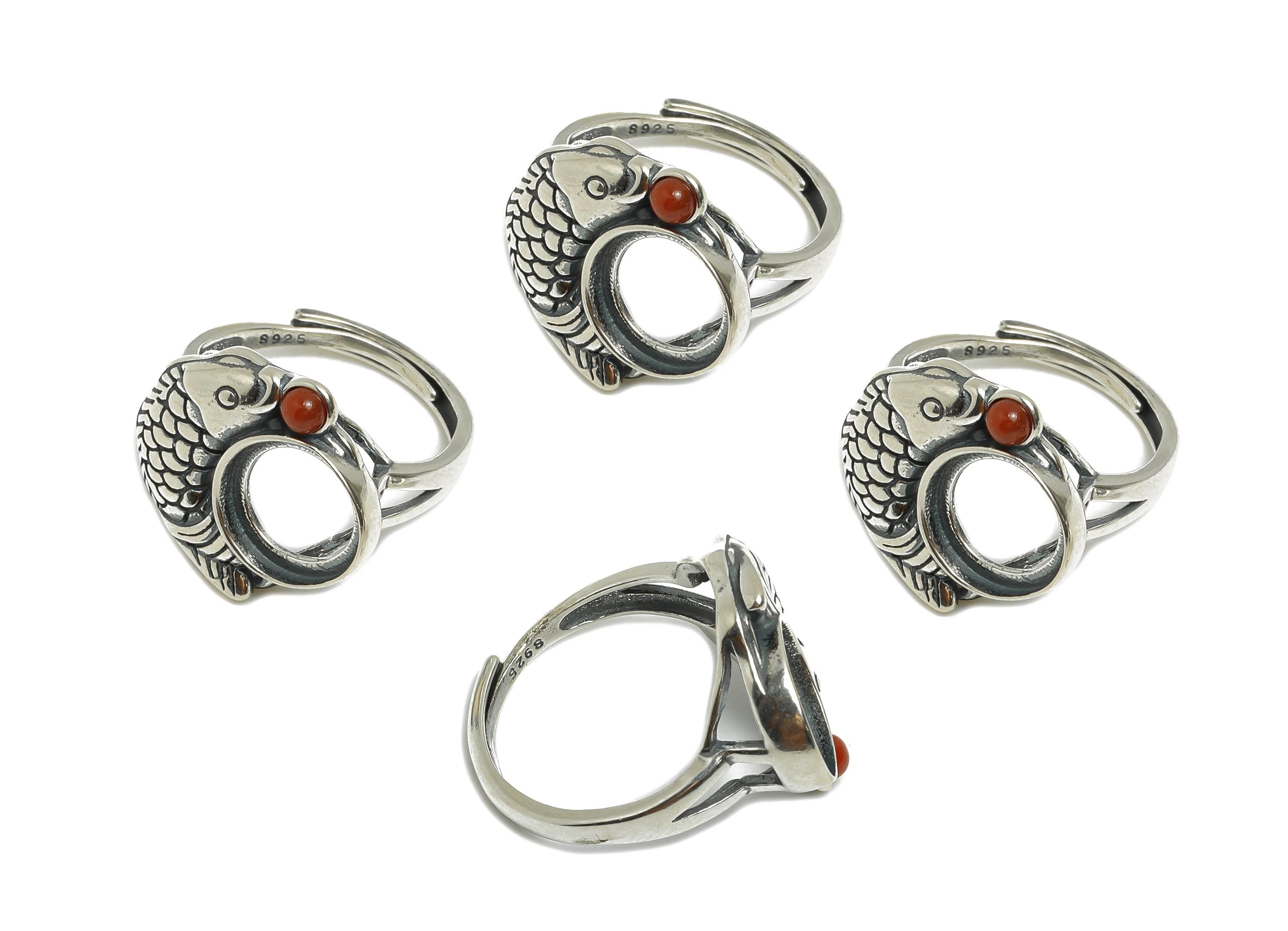 10mm Fish Cabochon Ring - Adjustable Ring Base - 925 Sterling Silver Ring Setting - Natural Stone Ring Blank - Custom Ring For Bead - SI1102 - DOMEDBAZAAR