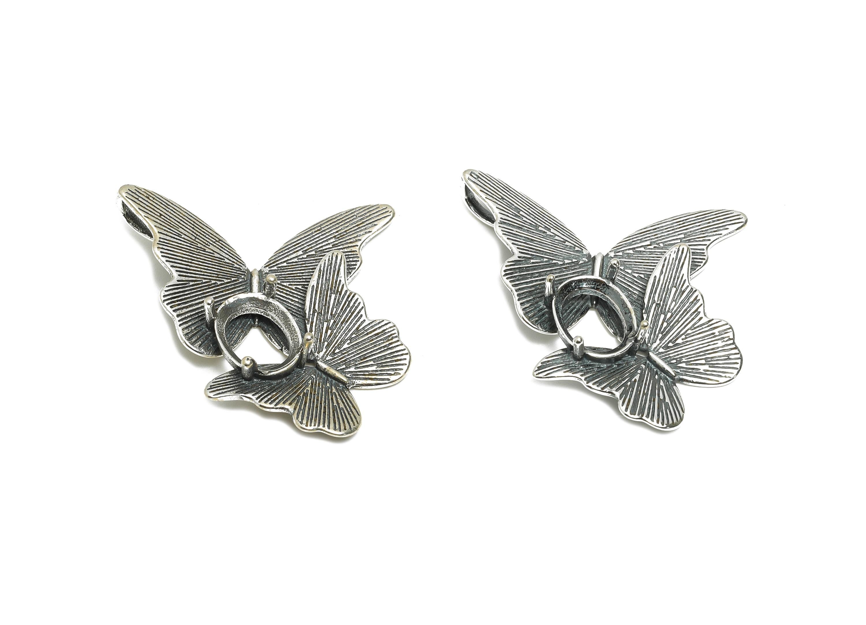 8*10mm Oval Cabochon Pendant Setting - Double Butterfly Pendant Blank - Refined Necklace Pendant Setting - 925 Sterling Silver - SI1025