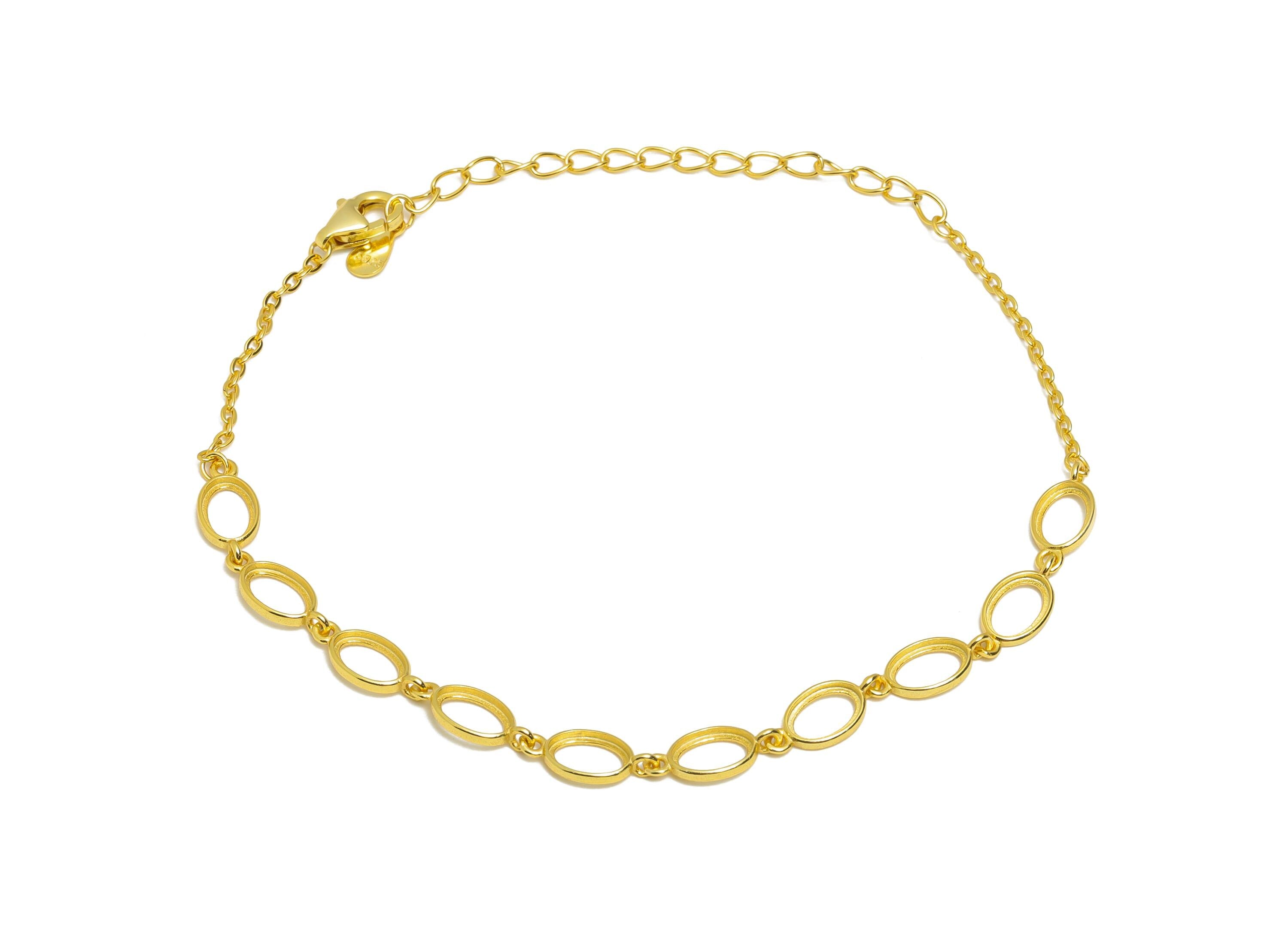 4*6mm Oval Cabochon Link Bracelet - 20+4cm Adjustable Chain Bracelet Setting - 925 Sterling Silver Bracelet - 18K Real Gold Plated - SI1047 - DOMEDBAZAAR