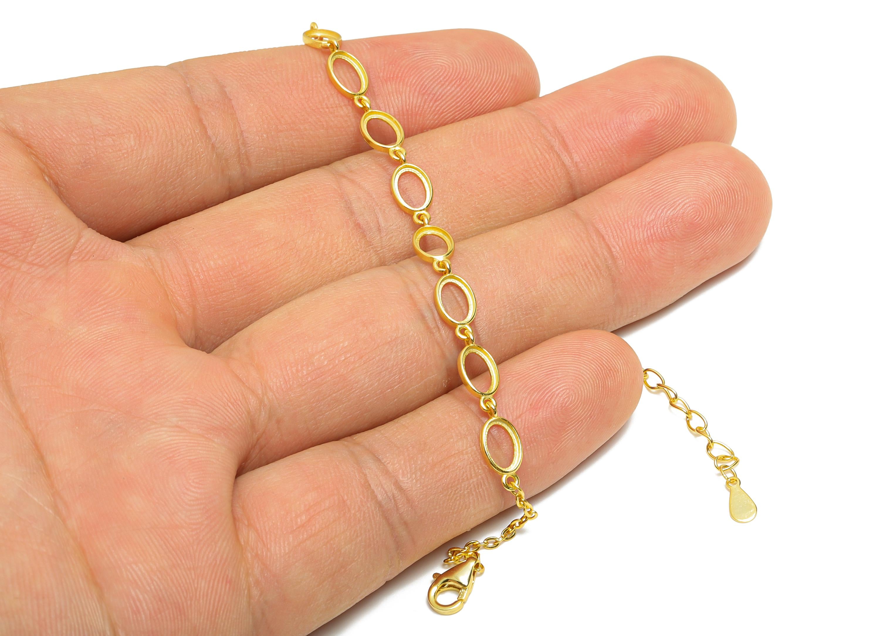 4*6mm Oval Cabochon Link Bracelet - 20+4cm Adjustable Chain Bracelet Setting - 925 Sterling Silver Bracelet - 18K Real Gold Plated - SI1047 - DOMEDBAZAAR