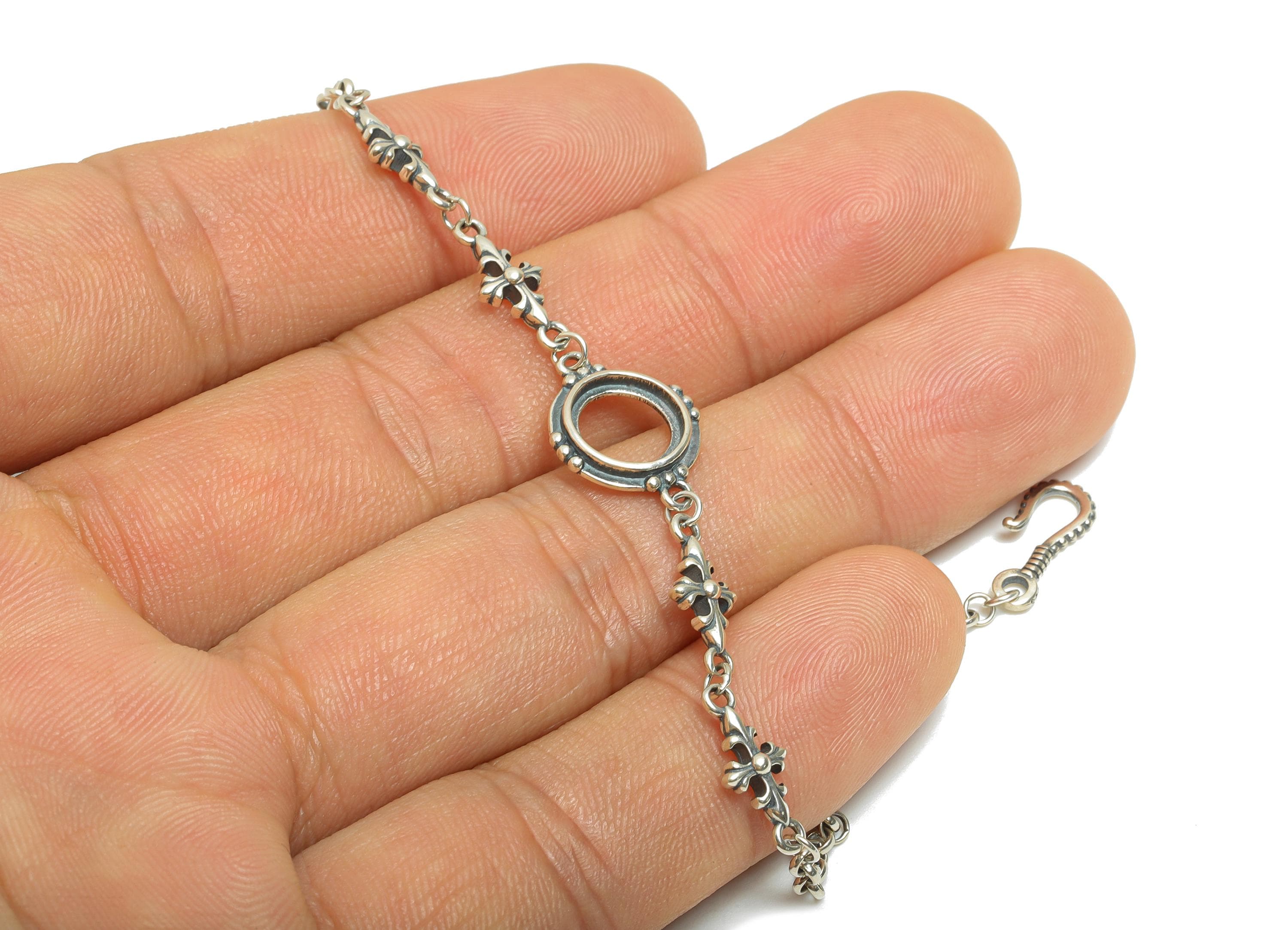 7mm Round Cabochon Link Bracelet - 20+4cm Adjustable Chain Bracelet Setting - Vintage 925 Sterling Silver Rhodium Plating Bracelet - SI1030 - DOMEDBAZAAR