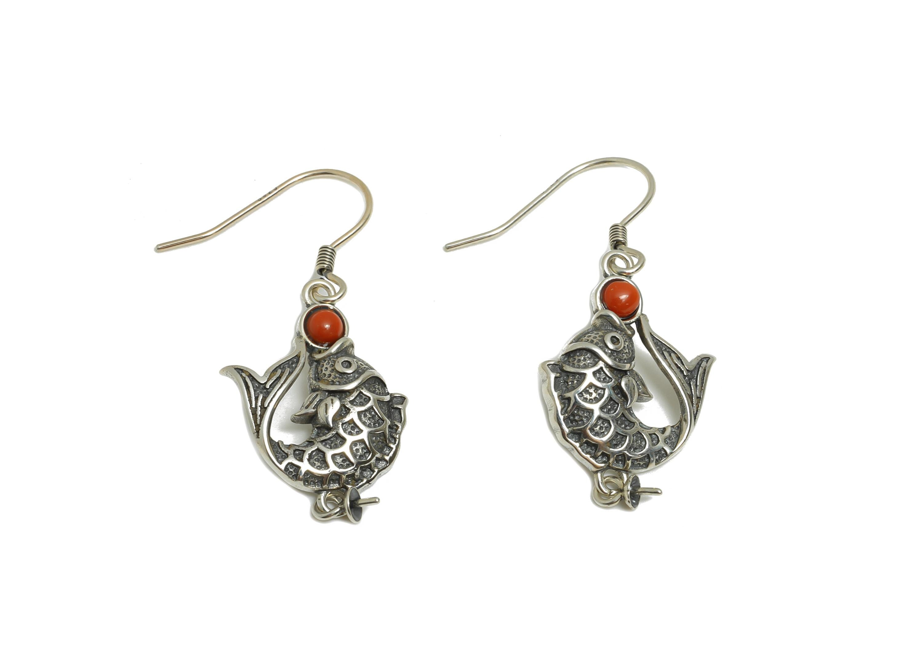 Fish Drop Earring Hook - Red Stone Dangle Earrings - 925 Sterling Silver Earring Hook For Pearl Setting - Artisan Tassel Earrings - SI1099 - DOMEDBAZAAR