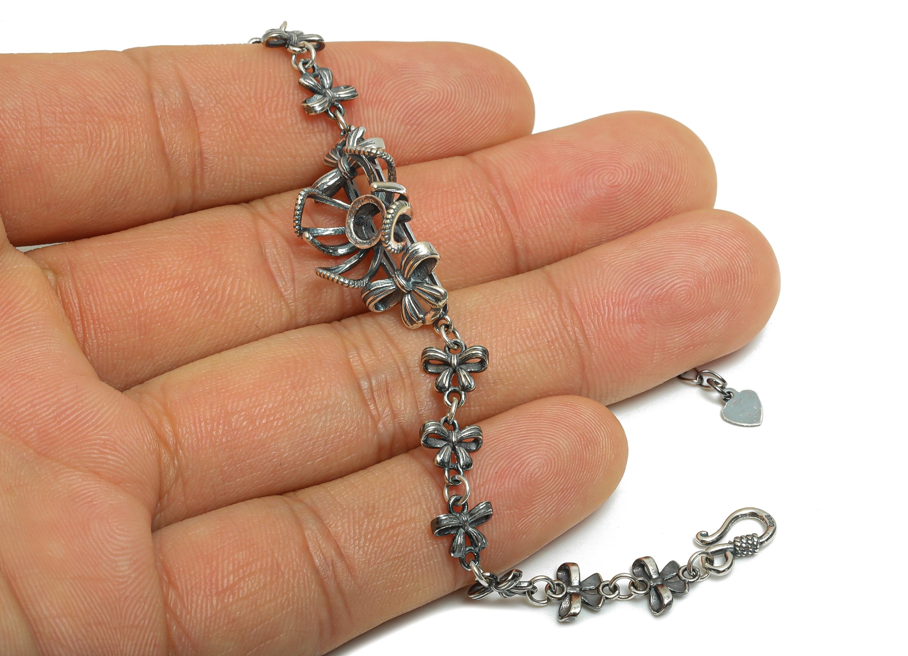 8mm Bow Link Bracelet Setting - 20+4cm Unique Adjustable Geometric Chain Bracelet - 925 Sterling Silver Rhodium Plating Bracelet - SI1037 - DOMEDBAZAAR